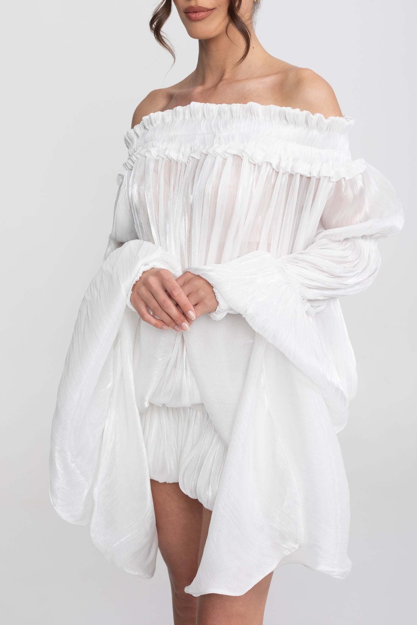 Off-Shoulder Ruffle Mini Dress With Draped Sleeves - White
