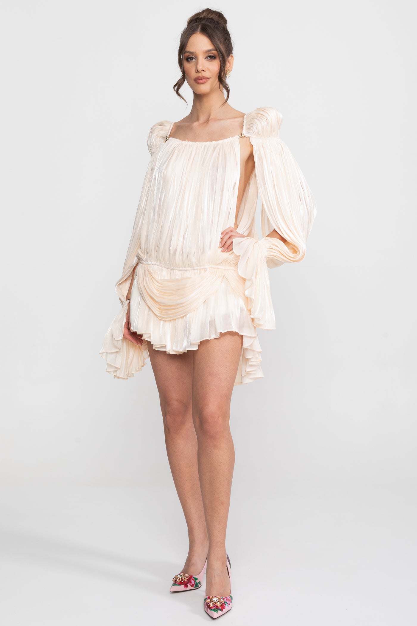 Sheer Draped Mini Dress With Cape Sleeves And Gold Clip Detail - Ivoire