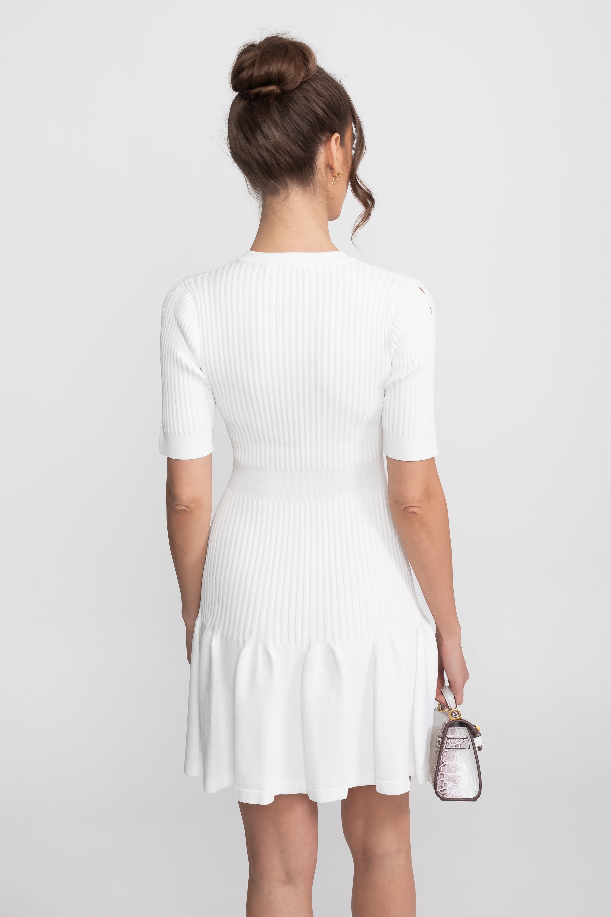 Ribbed Knit Mini Dress With Gold Button Keyhole Neckline - White