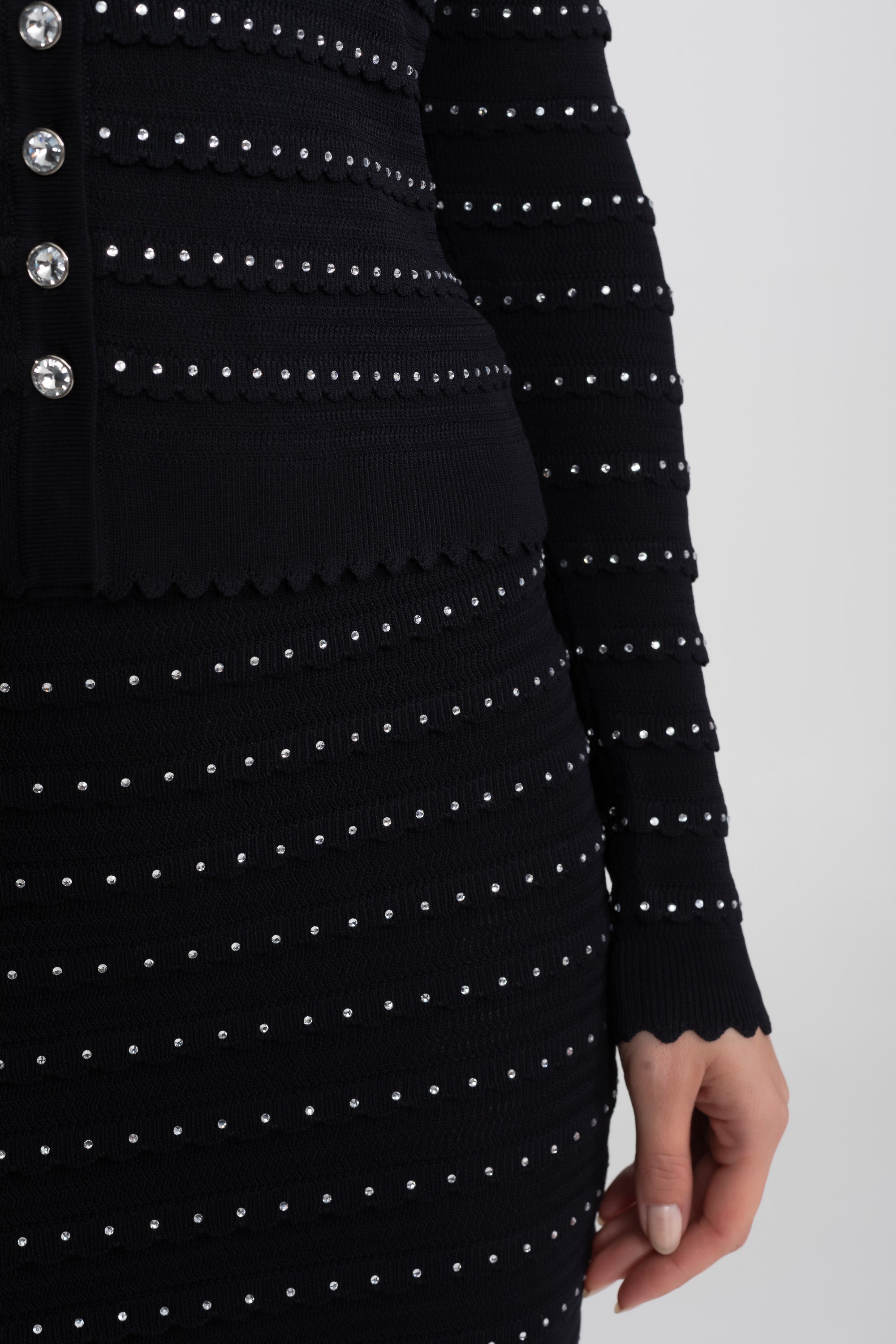 Set tricotat Co-Ord cu textură în dungi Pointelle și ornamente sclipitoare - Negru