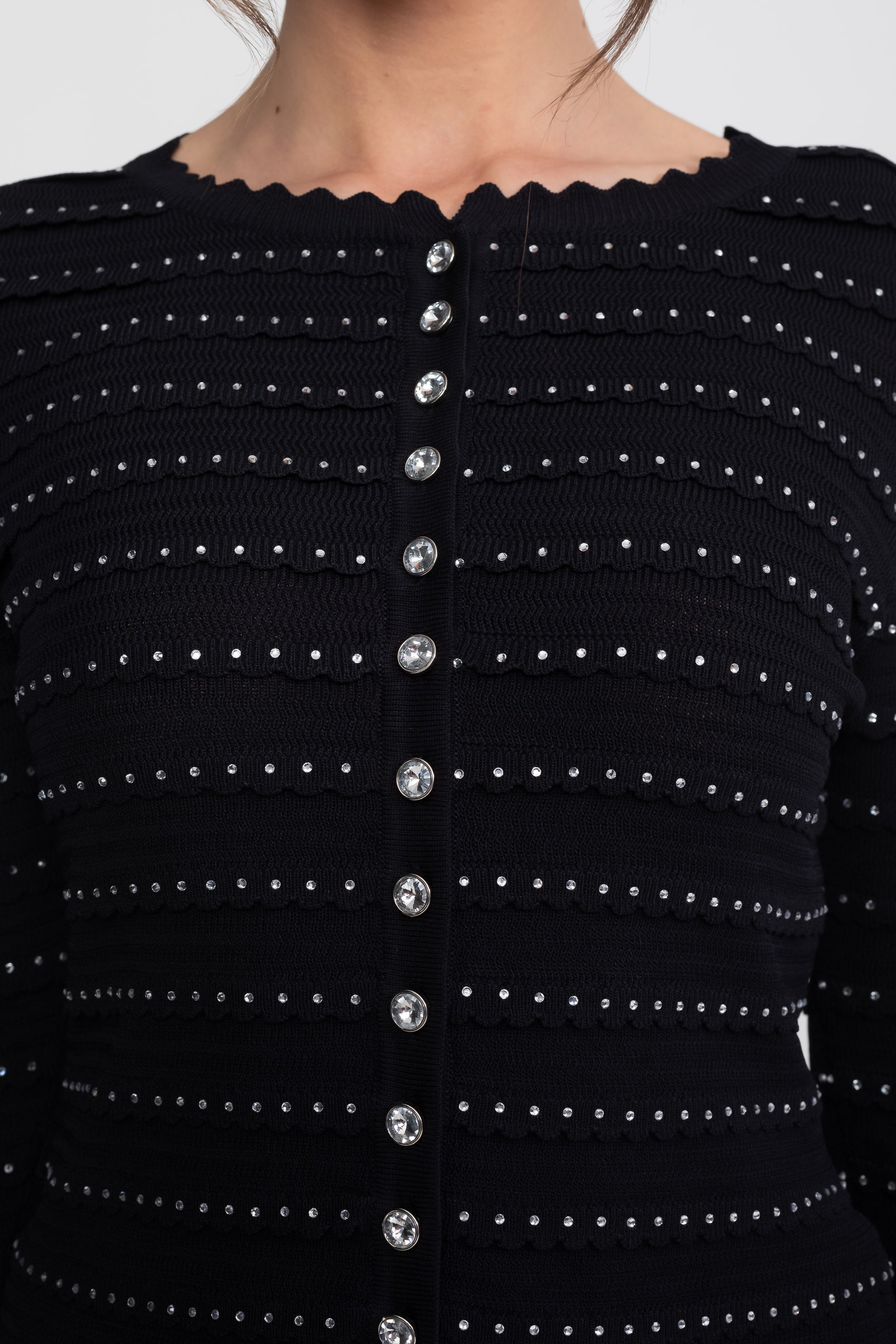 Set tricotat Co-Ord cu textură în dungi Pointelle și ornamente sclipitoare - Negru