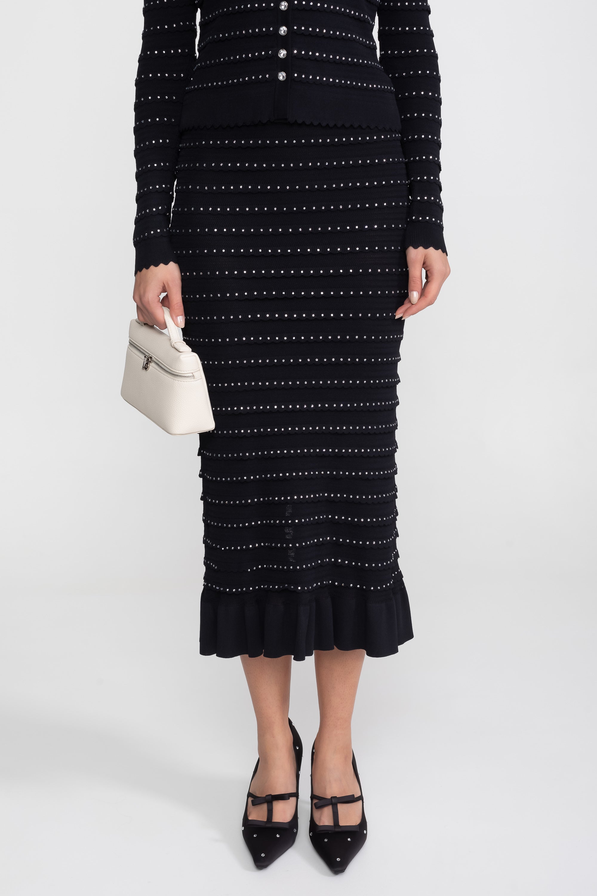 Set tricotat Co-Ord cu textură în dungi Pointelle și ornamente sclipitoare - Negru