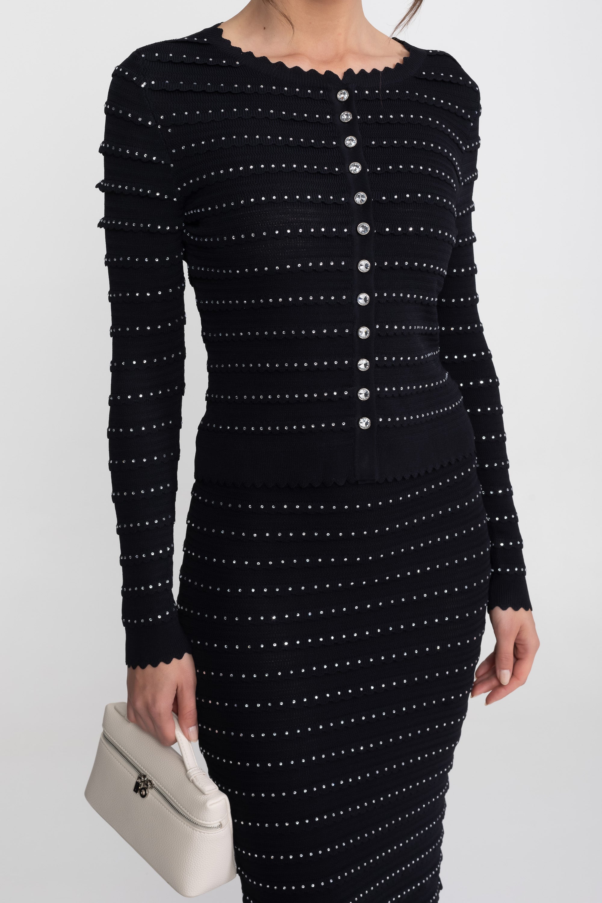 Set tricotat Co-Ord cu textură în dungi Pointelle și ornamente sclipitoare - Negru
