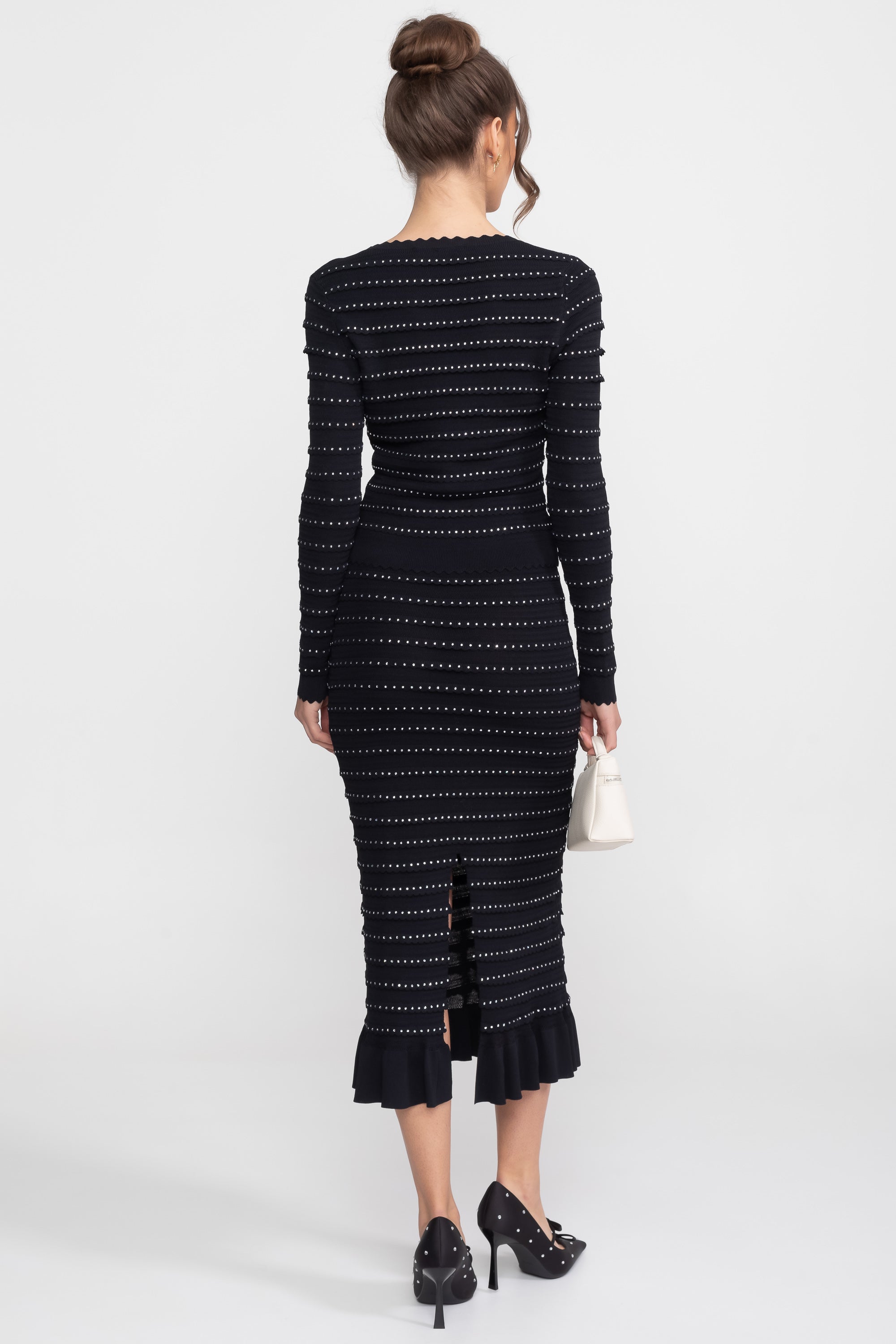 Set tricotat Co-Ord cu textură în dungi Pointelle și ornamente sclipitoare - Negru