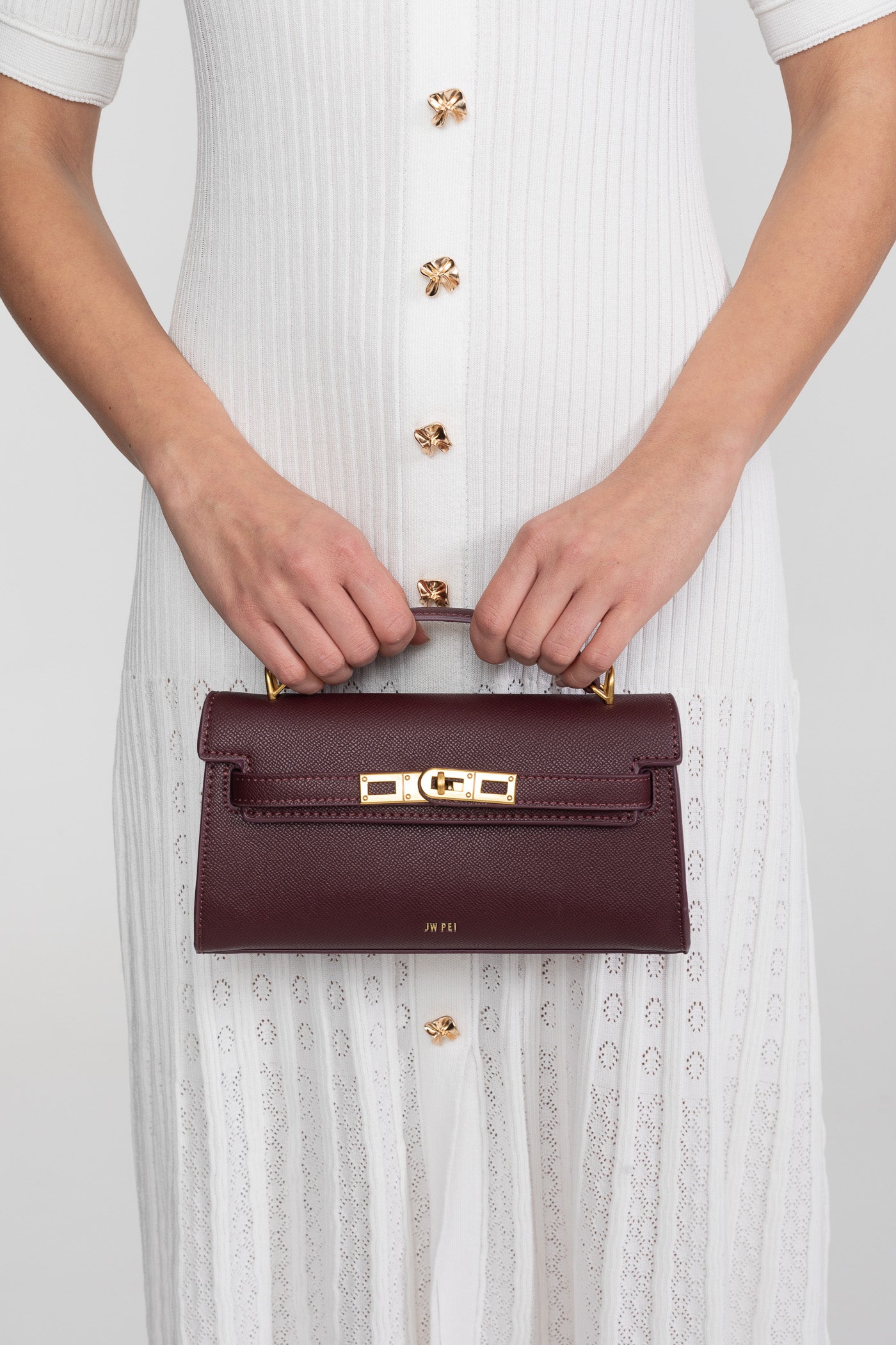 Geantă mini structurată, în stil Kelly, cu accesorii aurii - Burgundy