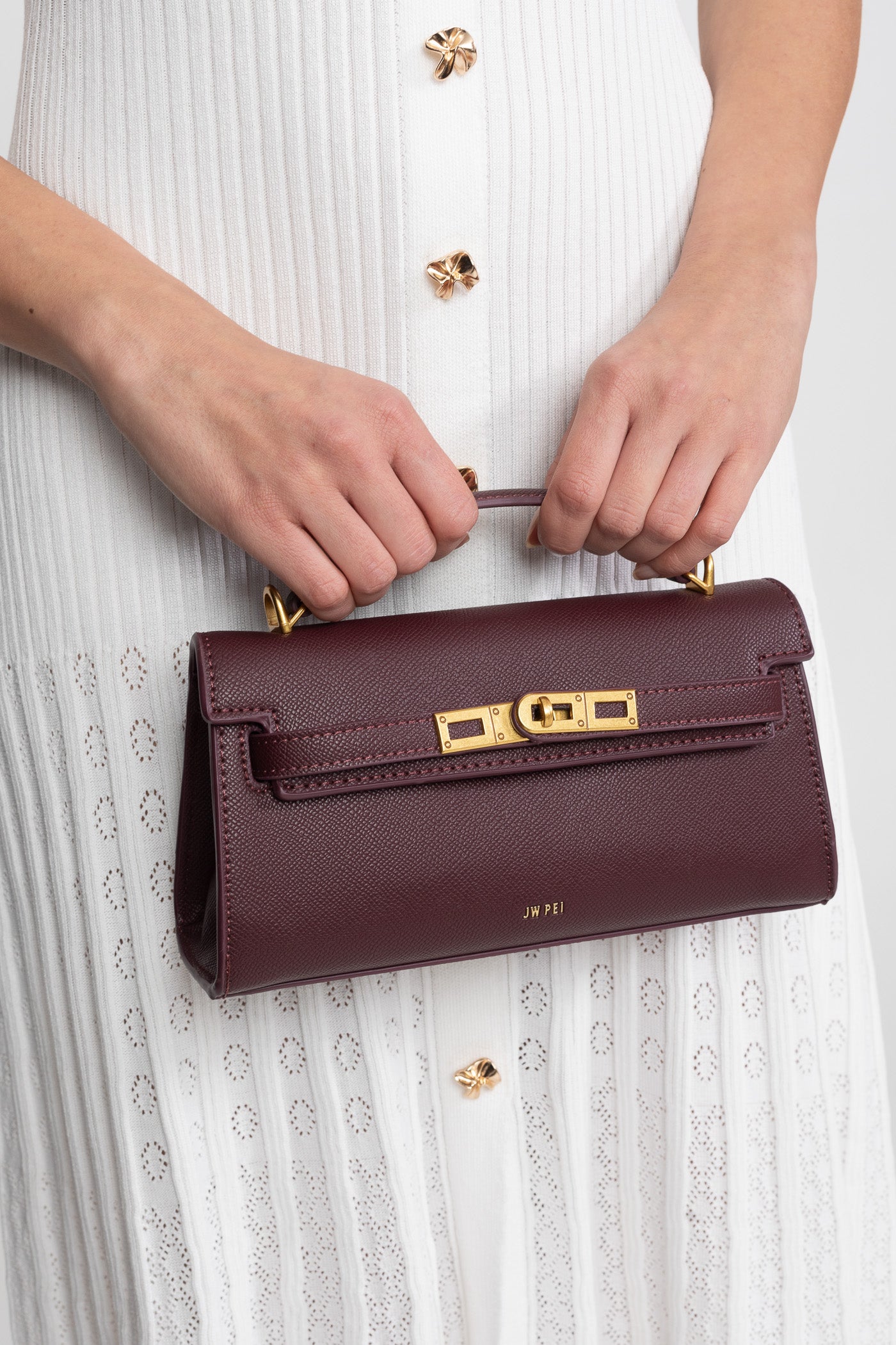 Geantă mini structurată, în stil Kelly, cu accesorii aurii - Burgundy