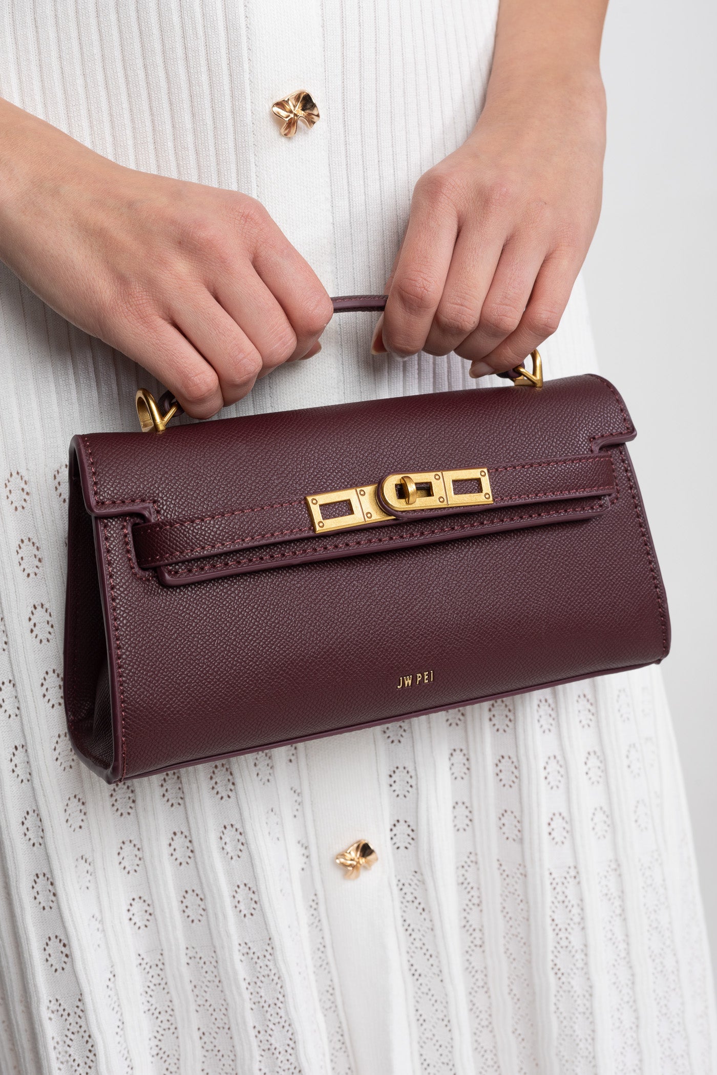 Geantă mini structurată, în stil Kelly, cu accesorii aurii - Burgundy