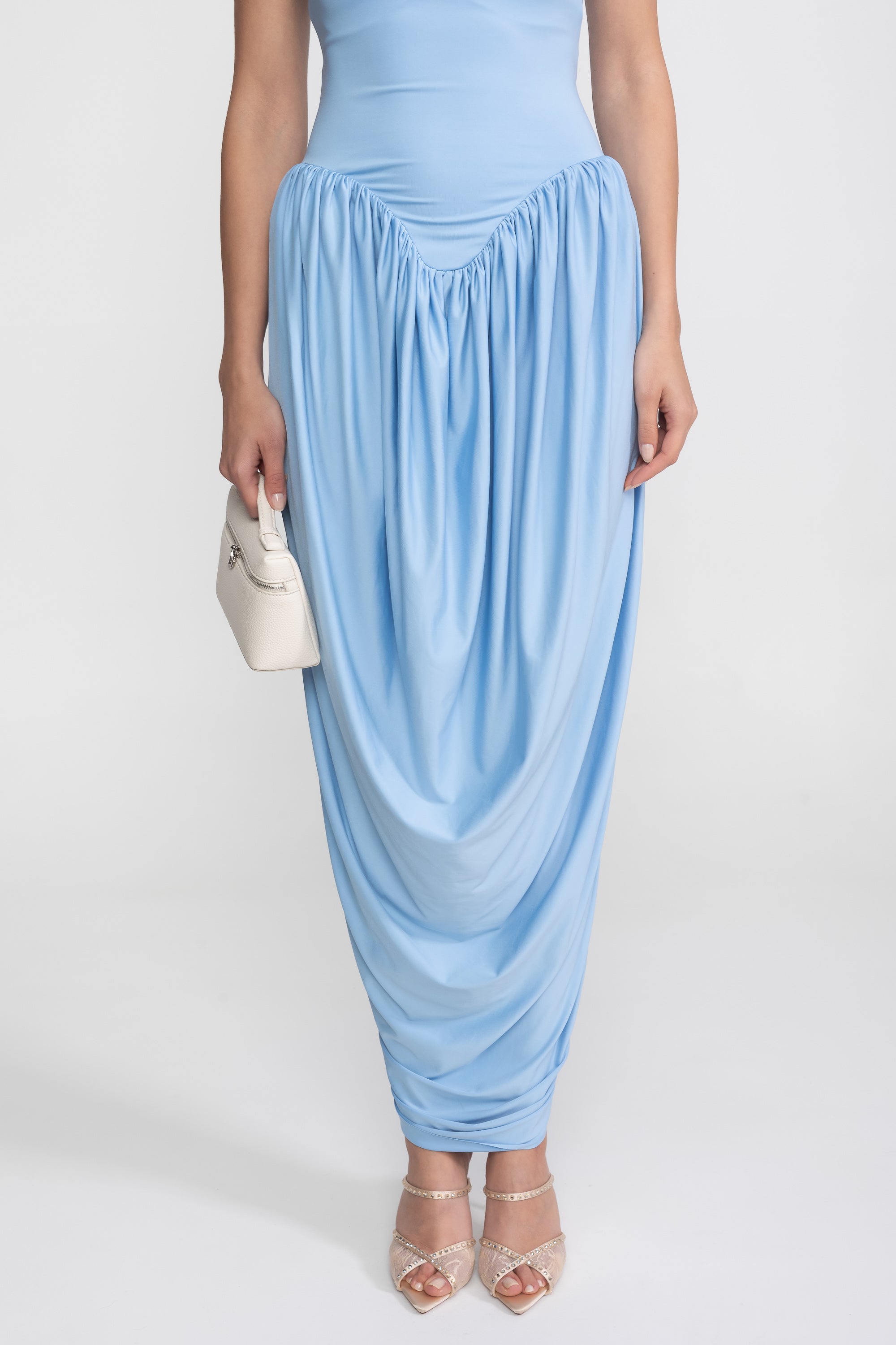 Rochie maxi cu halter și fustă balon încrețită - Light Blue