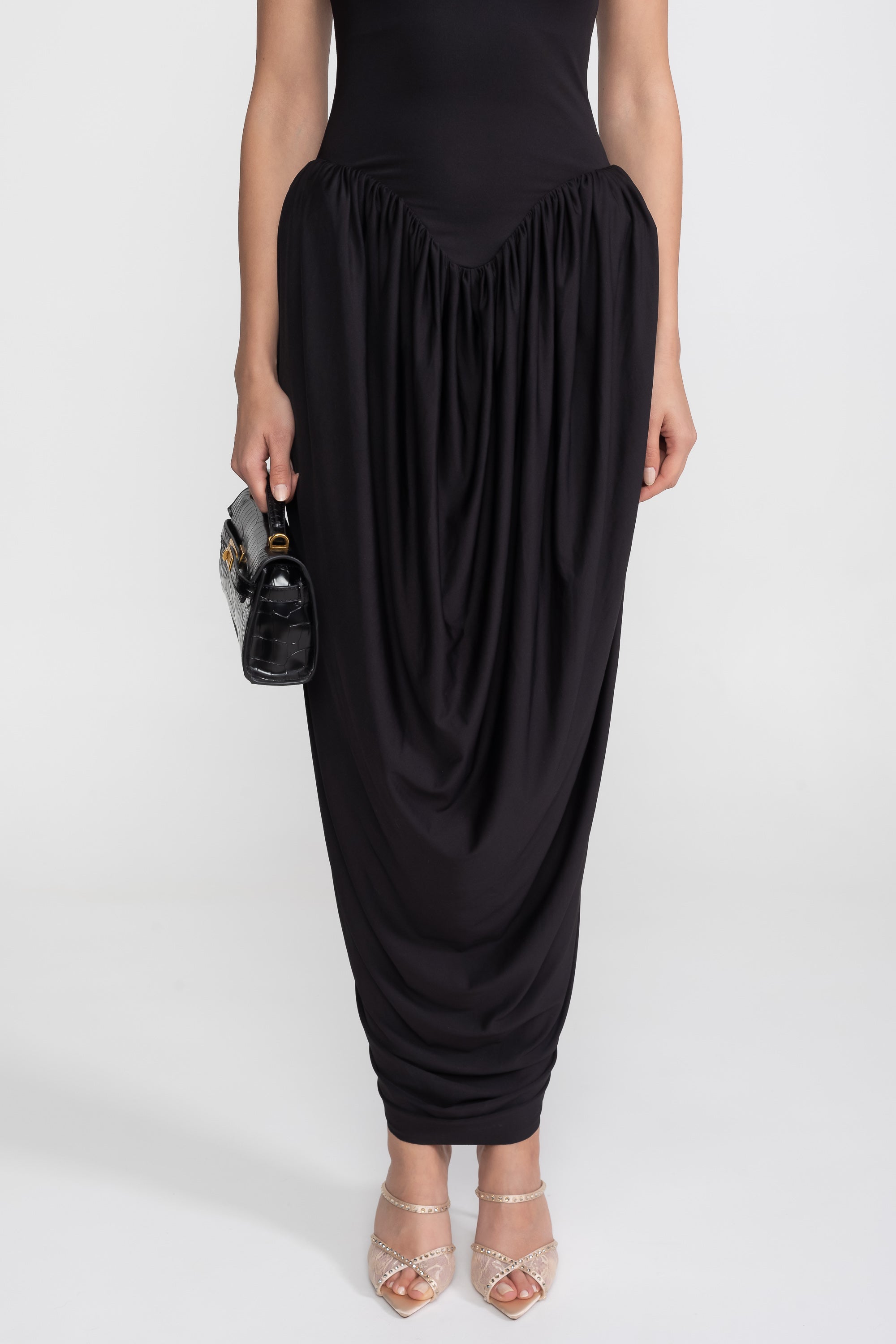 Rochie maxi cu halter-neck și fustă balon încrețită - Negru