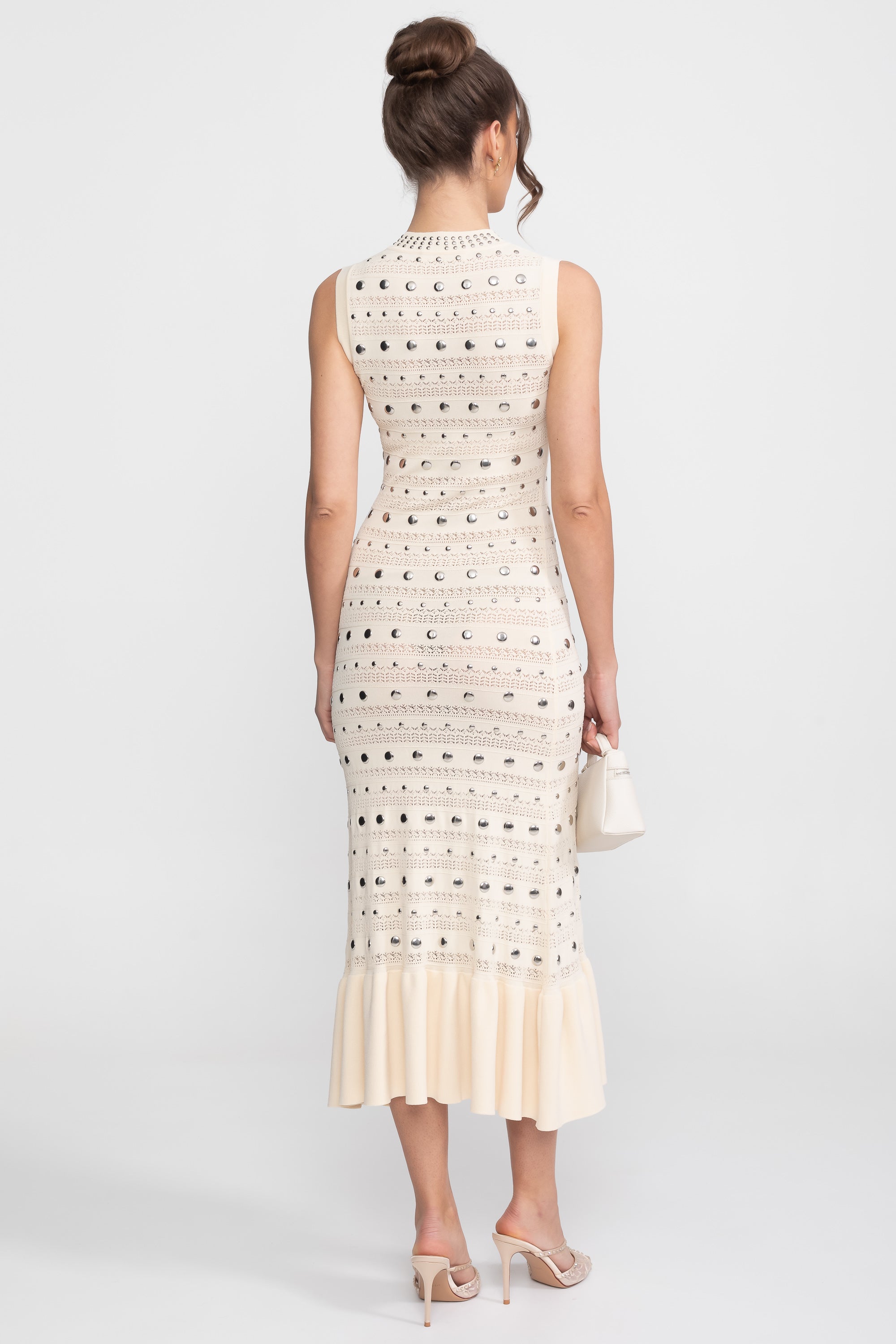 Embellished Knit Midi Dress With High Neck And Ruffle Hem - Cream
