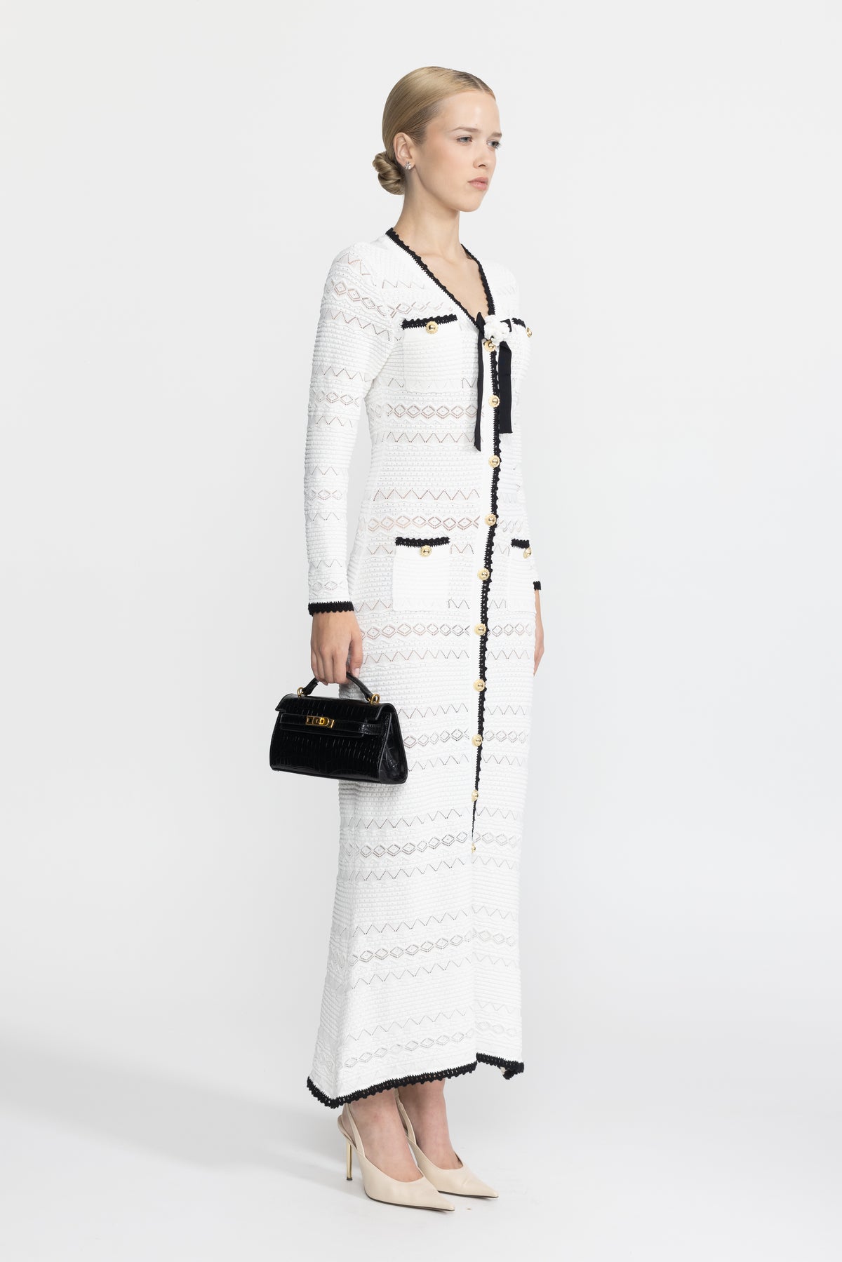 Crochet Trim Knit Button Midi Dress with Flower Brooch - White