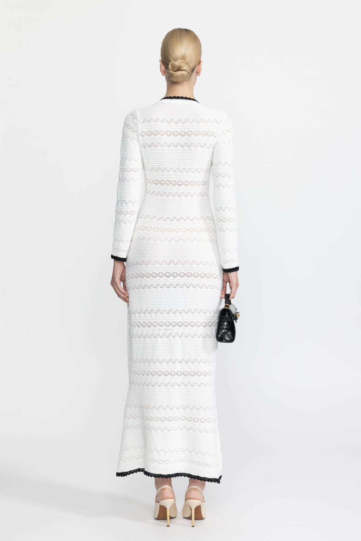 Crochet Trim Knit Button Midi Dress with Flower Brooch - White