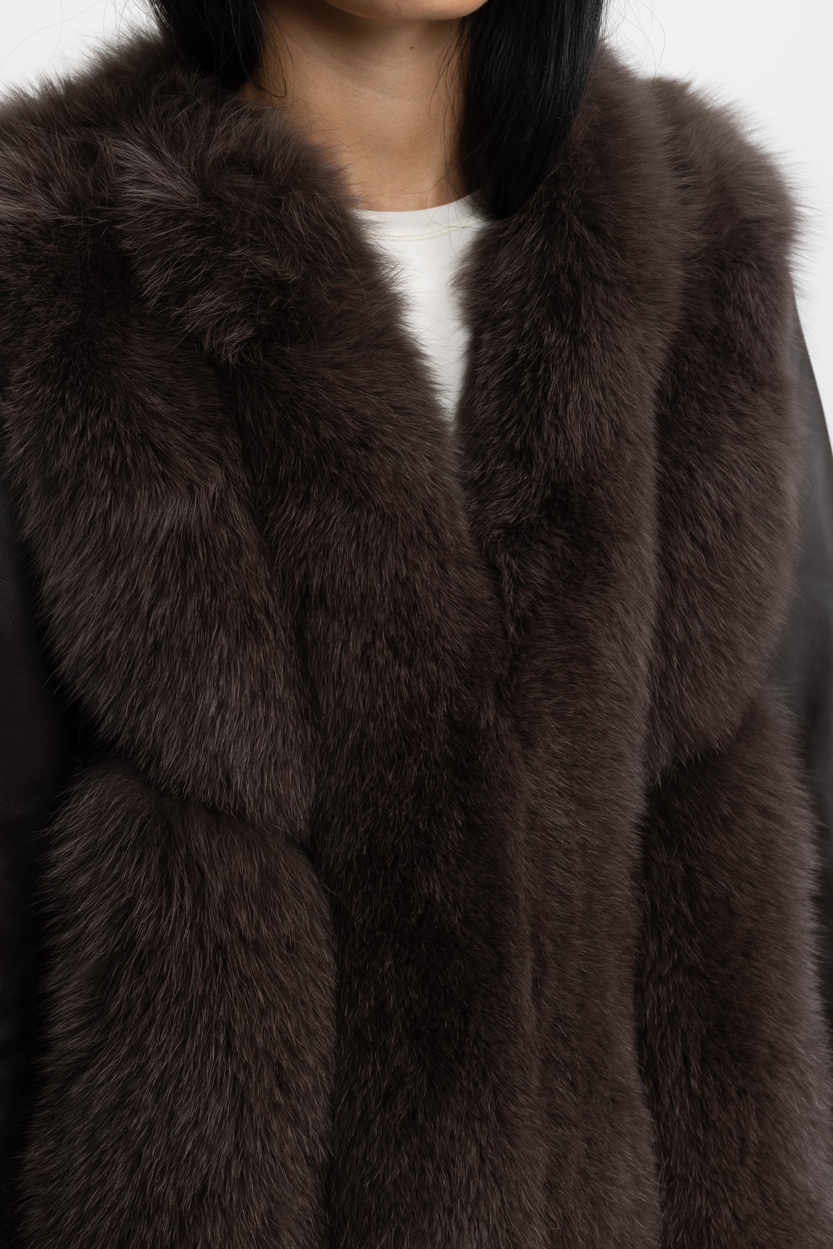 Jachetă shearling cu panou din blană de vulpe - Chocolate