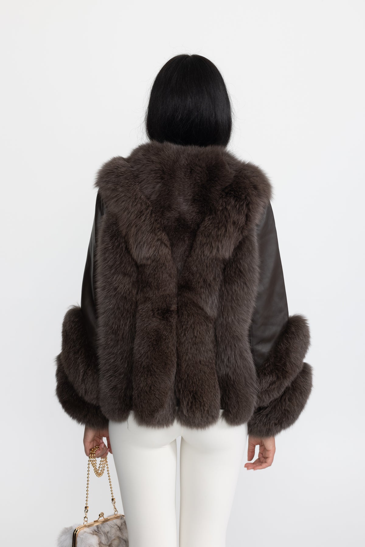 Jachetă shearling cu panou din blană de vulpe - Chocolate