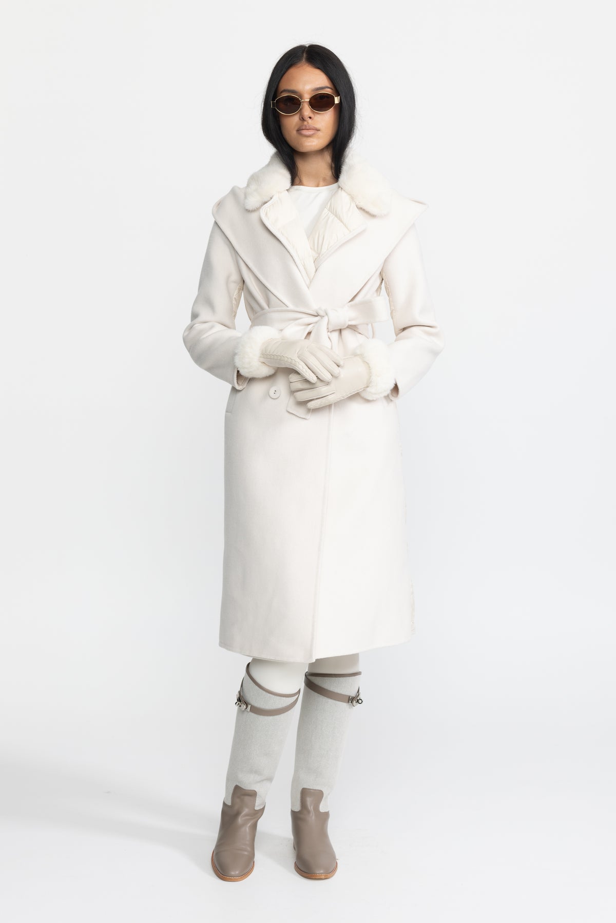 Quilted Back Hooded Wool Wrap Coat with Mink Fur - Ivoire