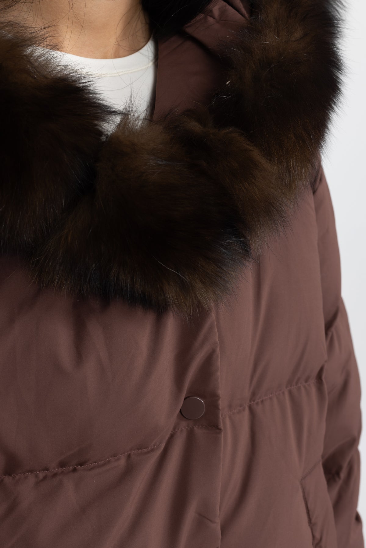 Fox Fur Hood Cropped Down Puffer Jacket - Chocolate