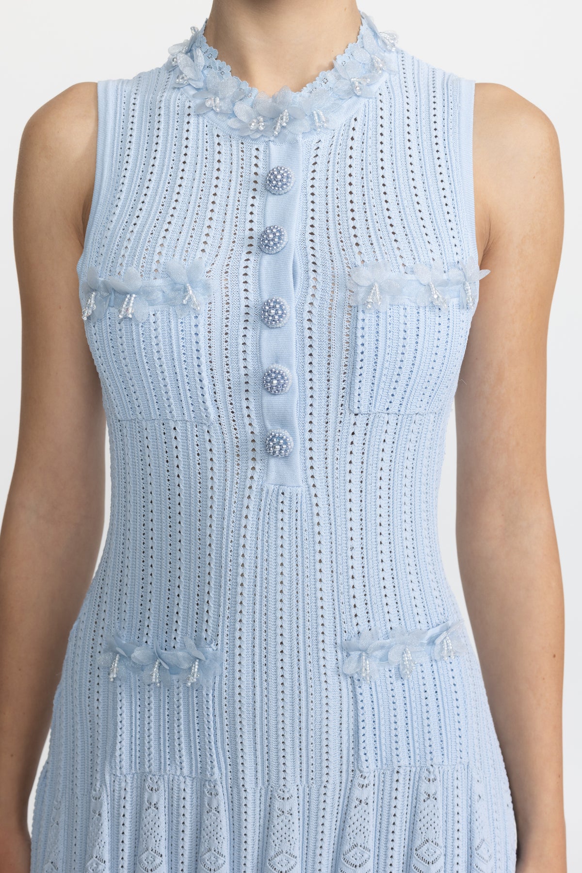 Organza Flower Trim Pointelle Knit Mini Dress - Light Blue