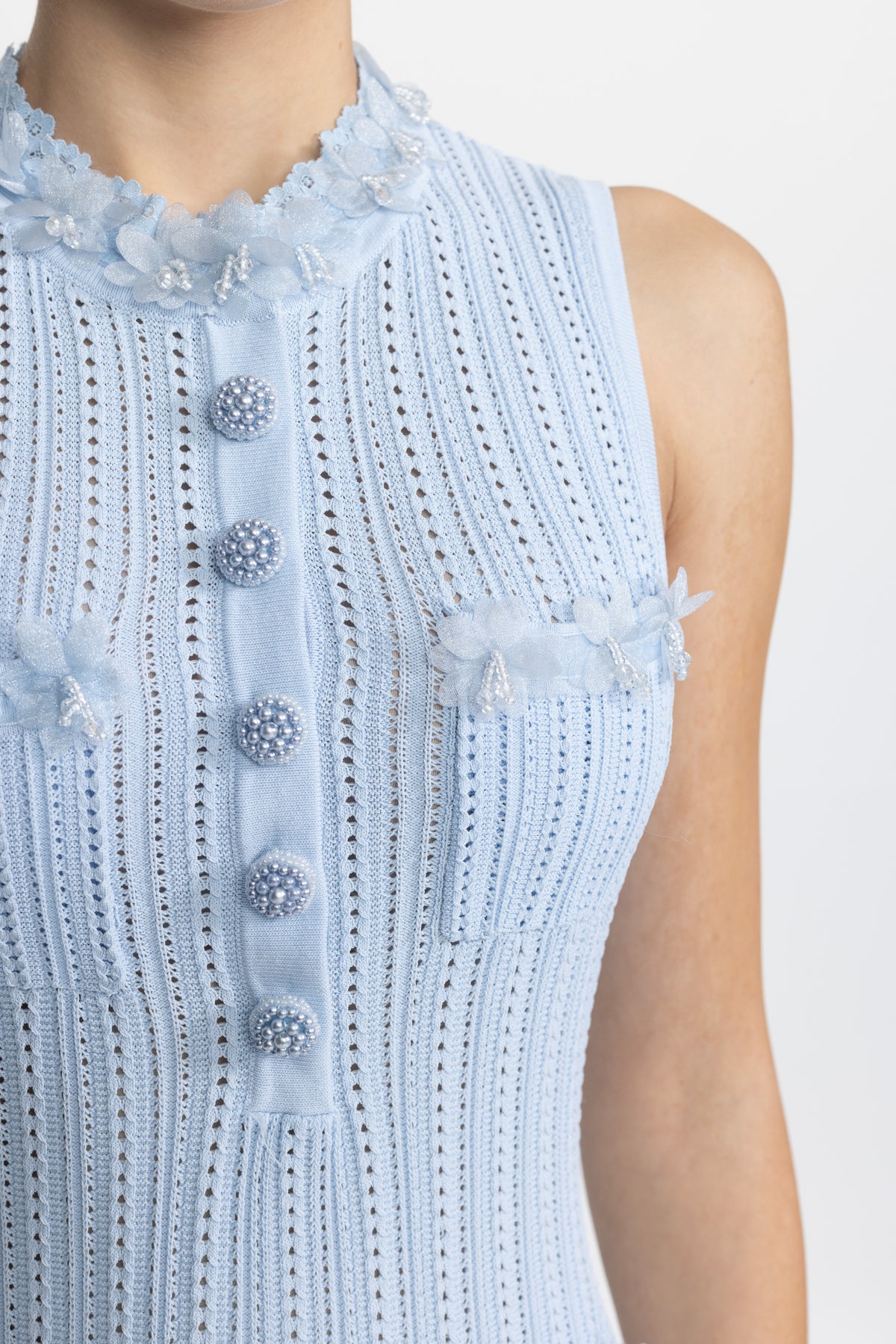 Organza Flower Trim Pointelle Knit Mini Dress - Light Blue