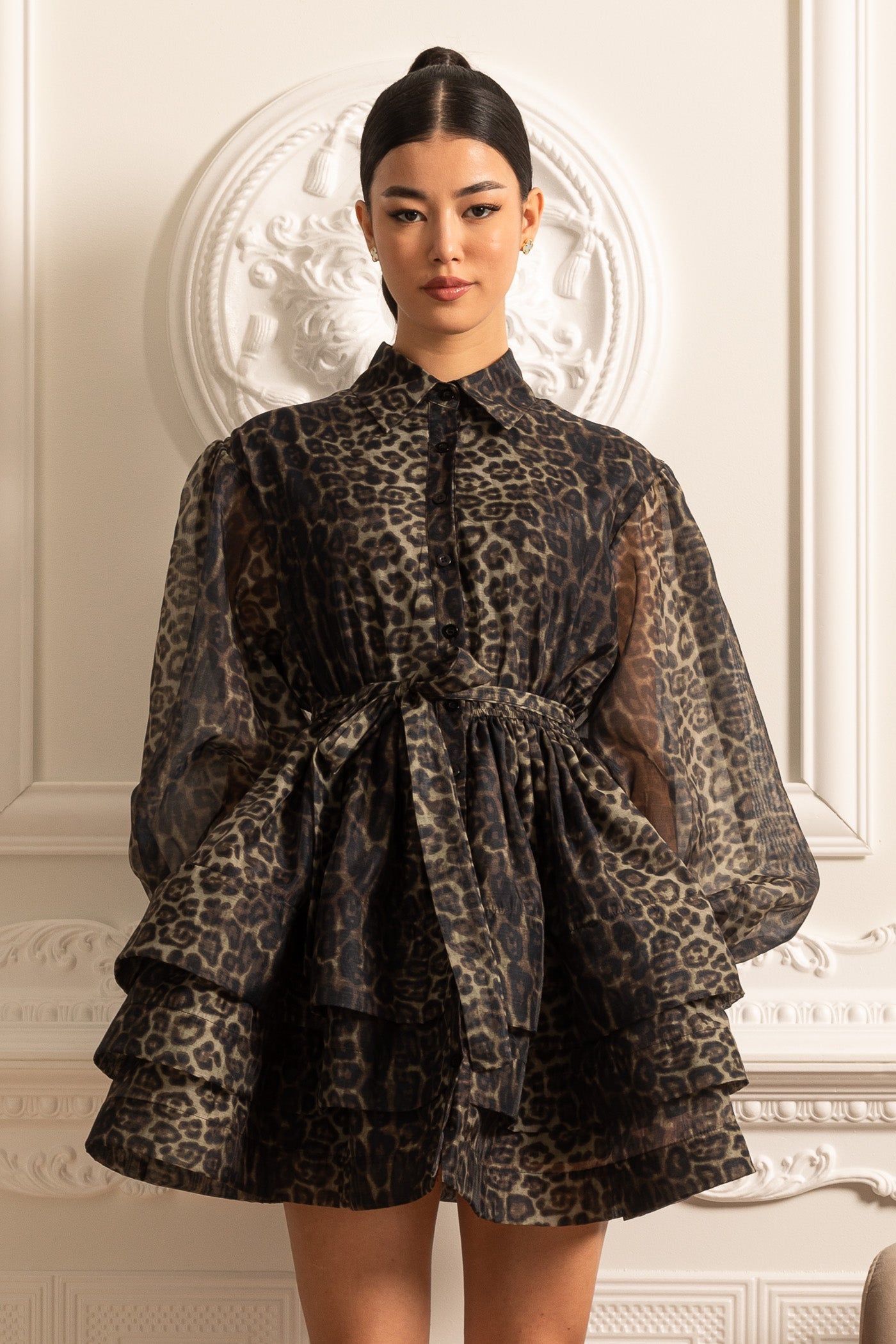 Rochie cu mâneci lungi și imprimeu leopard cu fustă stratificată - Negru