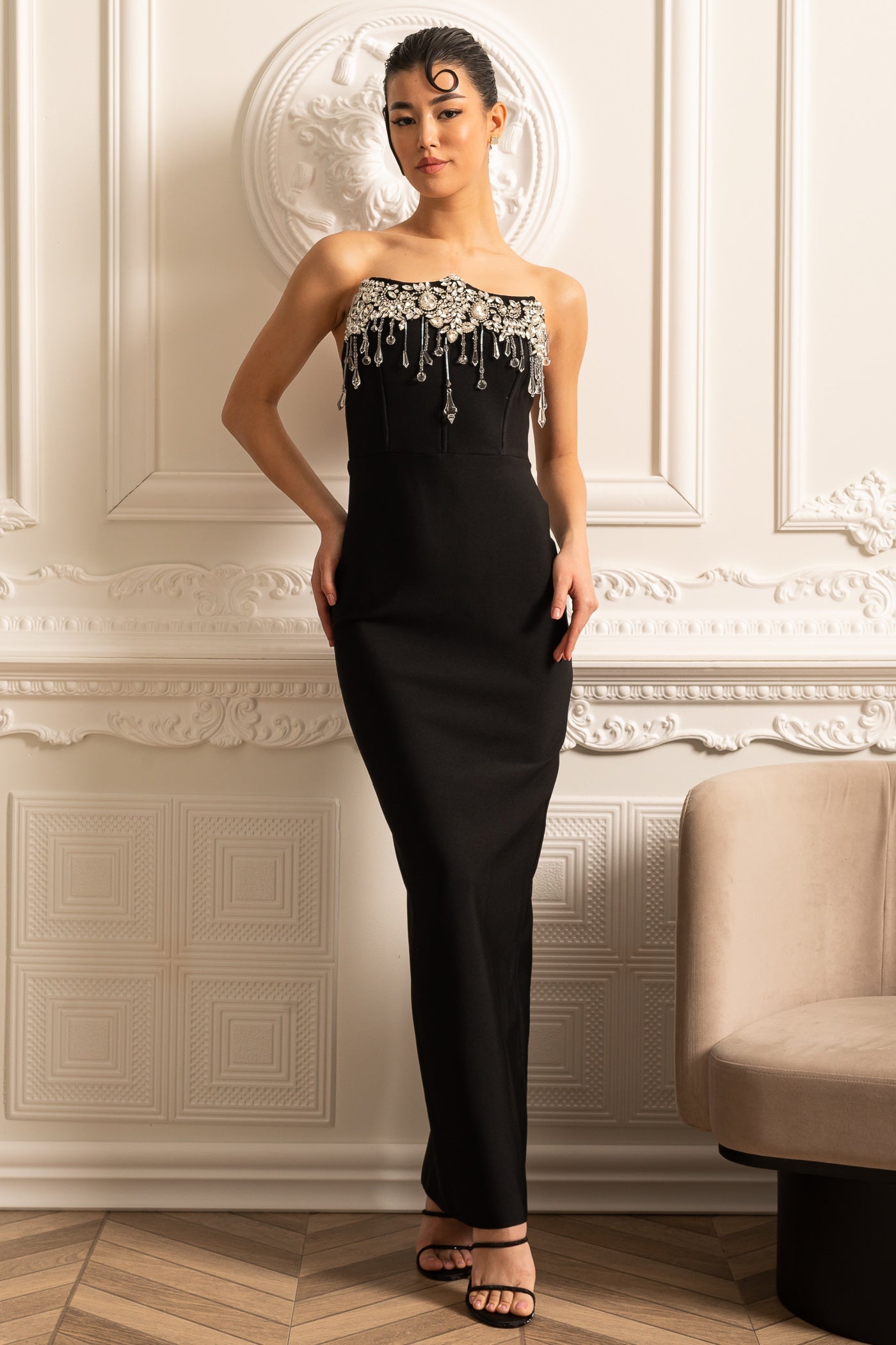 Elegant Fitted Corset Dress With Sparkling Silver Embellishments - Black