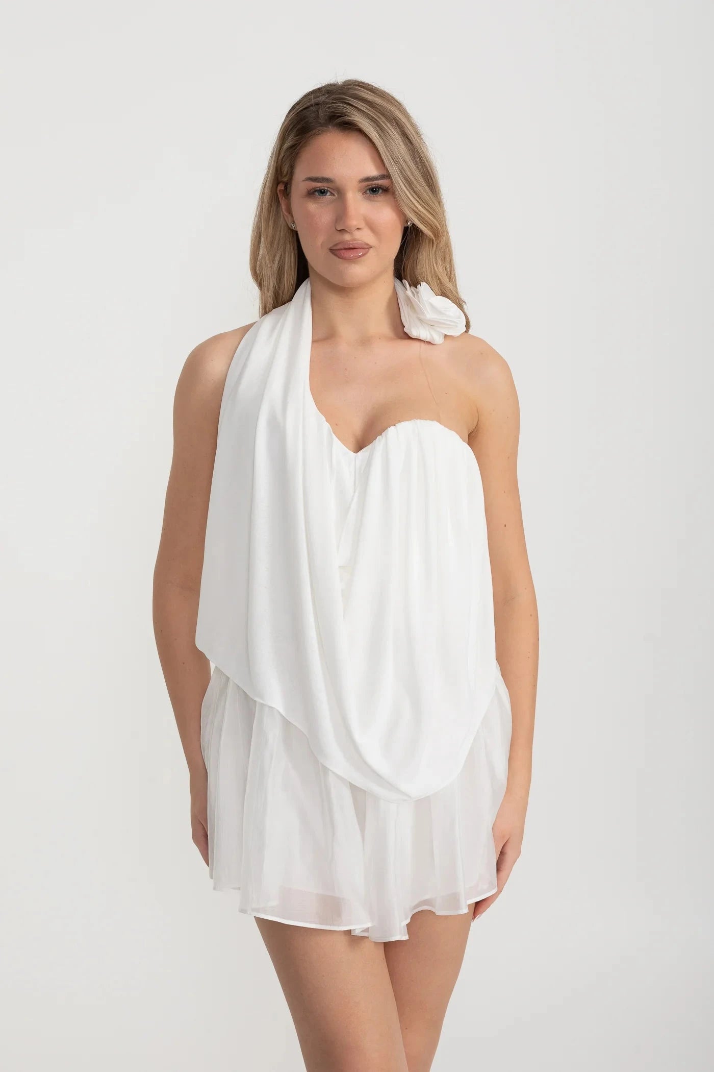 Draped Co-Ord With Flower-Embellished Top And Matching Sheer Skirt - White