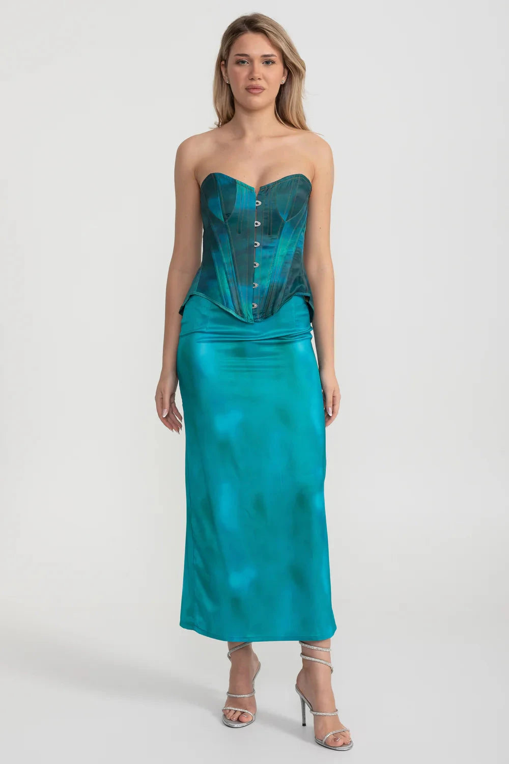 Elegant Satin Set With Corset-Style Bodice And Midi Skirt - Teal