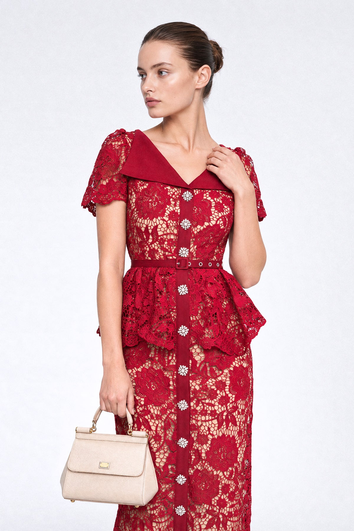 Crystal-Button Lace Peplum Midi Dress - Red