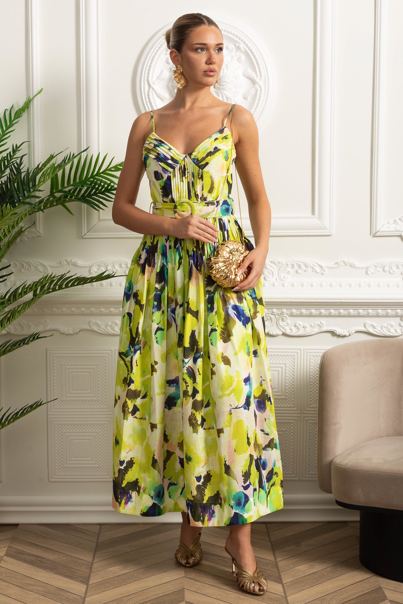 Rochie Midi Plisată cu Bust și Centură, cu Bretele Subțiri - Galben