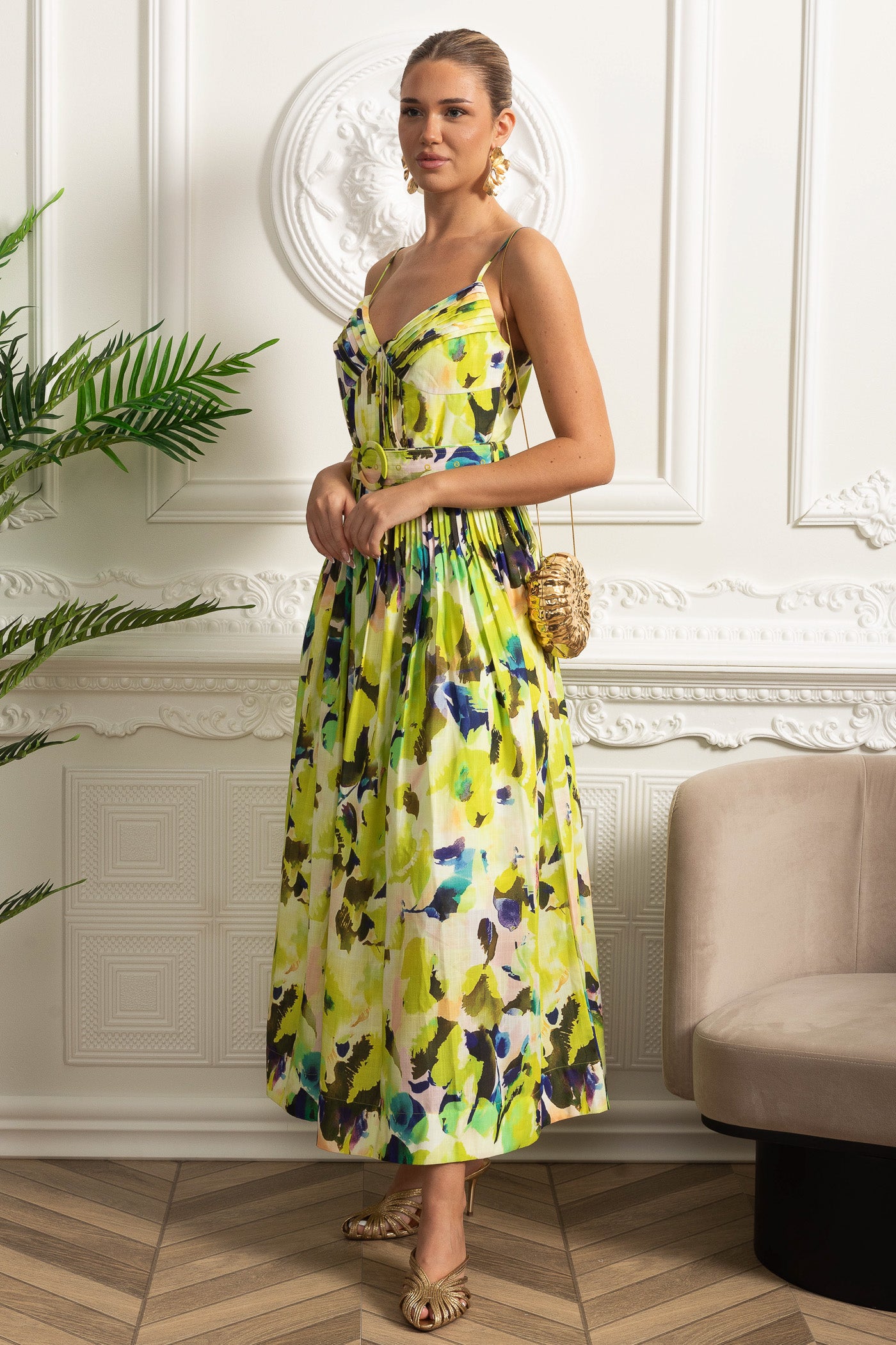 Rochie Midi Plisată cu Bust și Centură, cu Bretele Subțiri - Galben