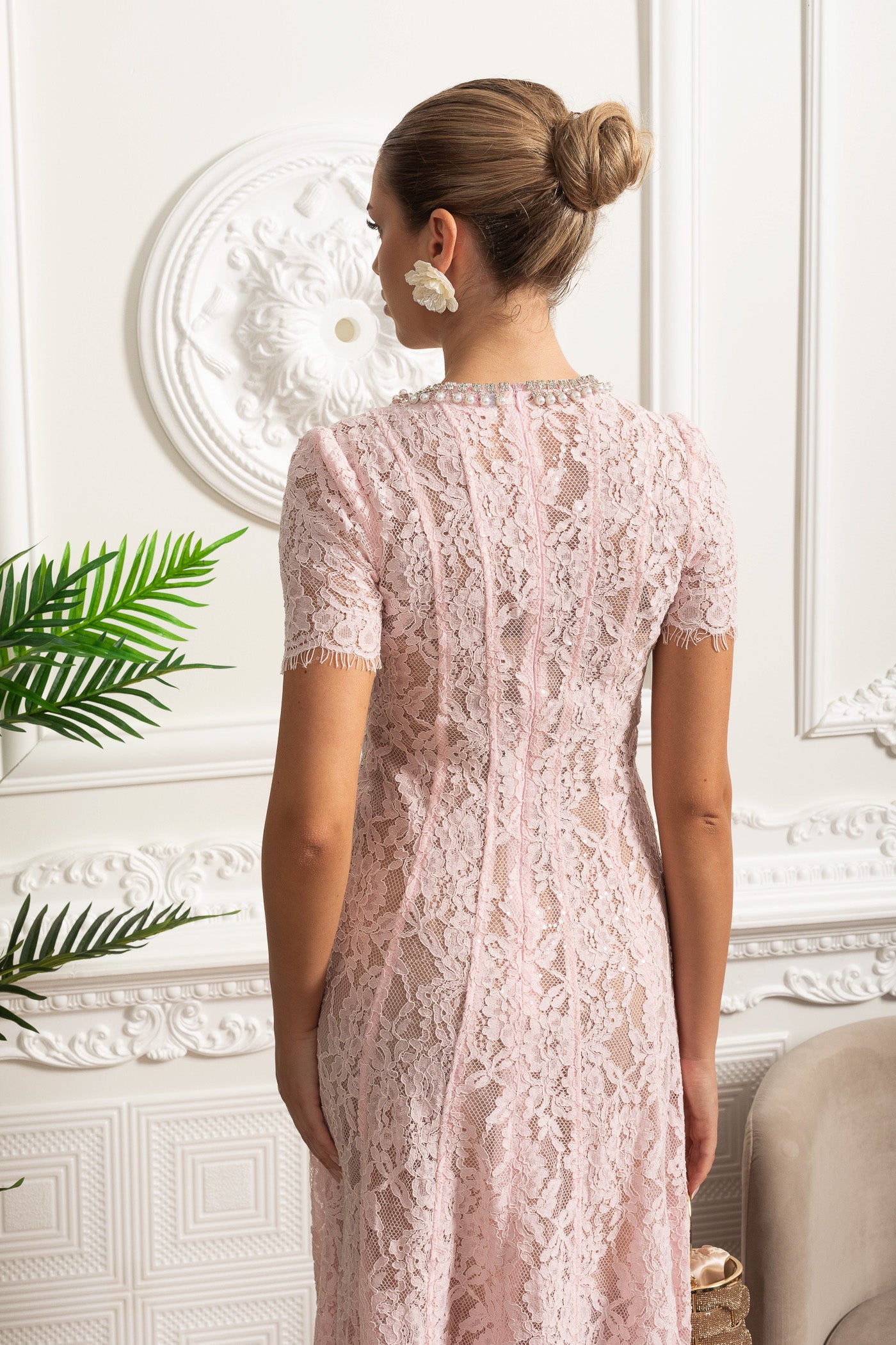 Lace Midi Dress with Crystal Embellished Collar - Pink