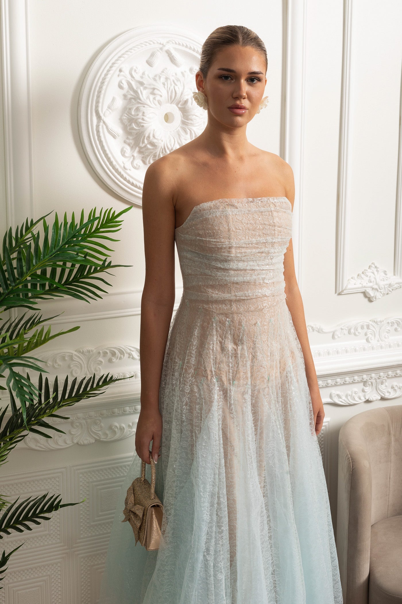 Rochie midi fără bretele, croială în A, cu suprapunere texturată sclipitoare - Degradé turcoaz