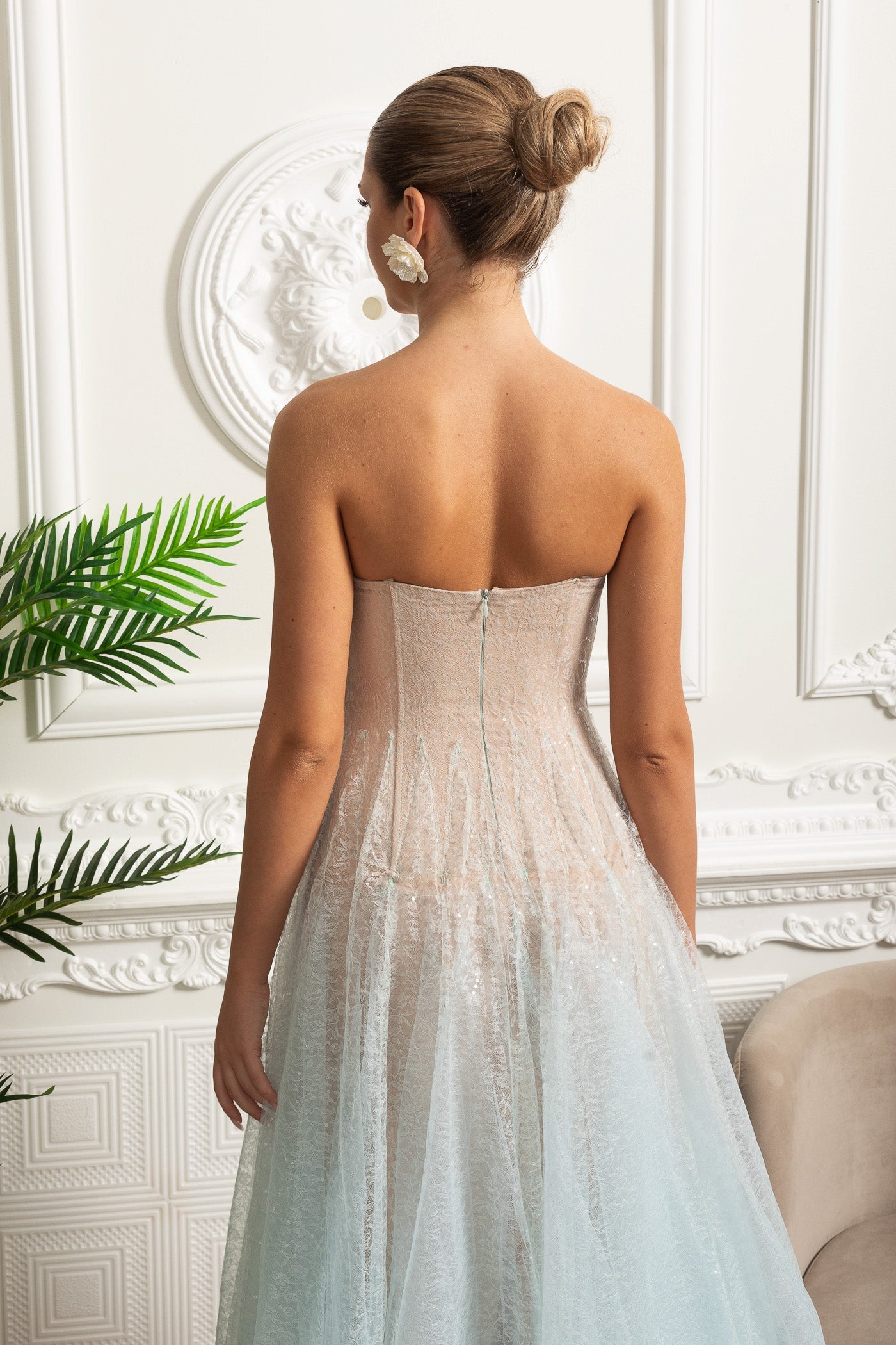 Rochie midi fără bretele, croială în A, cu suprapunere texturată sclipitoare - Degradé turcoaz