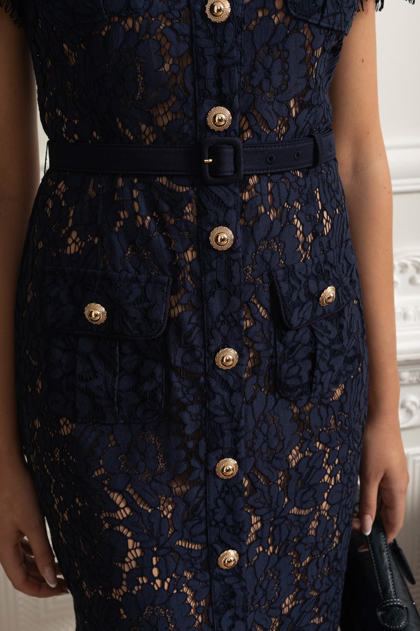 Floral Lace Midi Dress with Tailored Collar and Belted Waist - Navy
