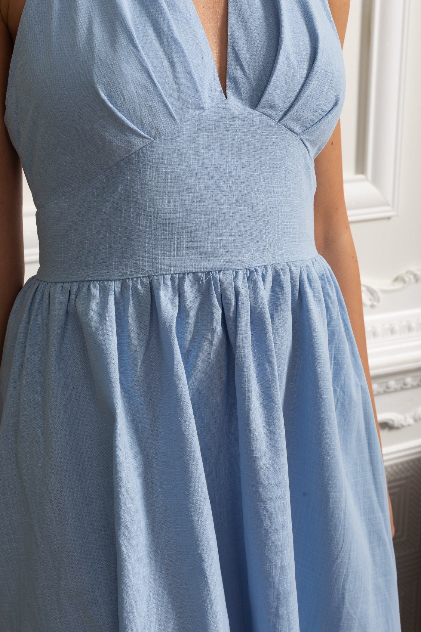 Rochie Midi Halterneck cu Fustă A-line Adunată - Blue