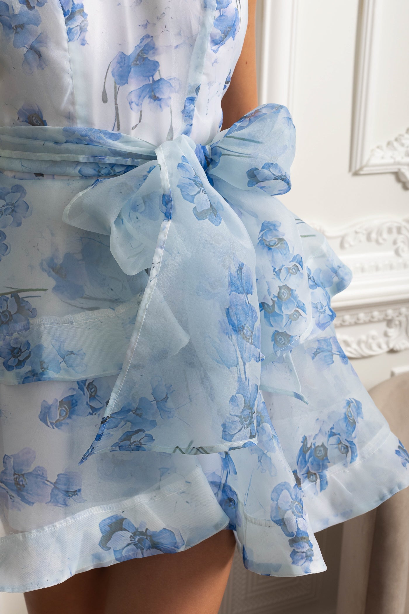 Rochie mini cu volane și guler halter floral - Blue