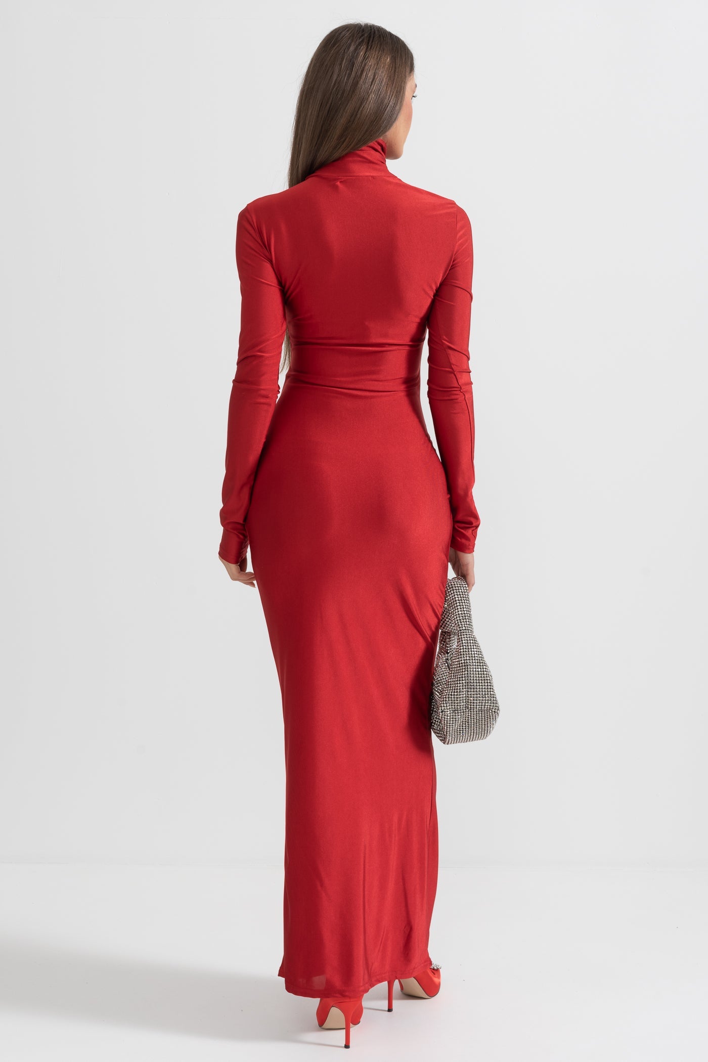 Rochie lungă drapată cu guler înalt - Roșu