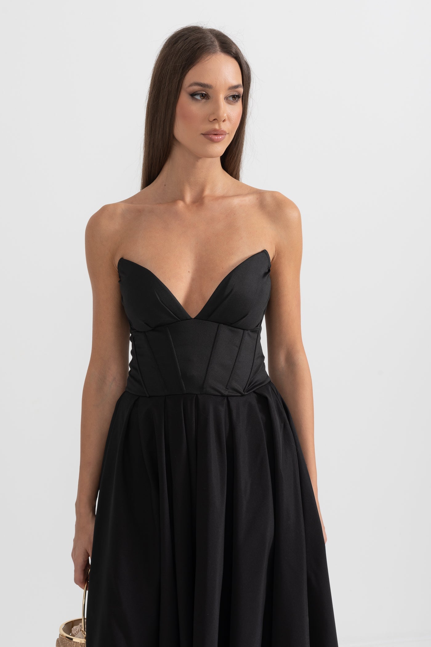 Rochie midi sofisticată fără bretele, cu corset ajustat - Negru