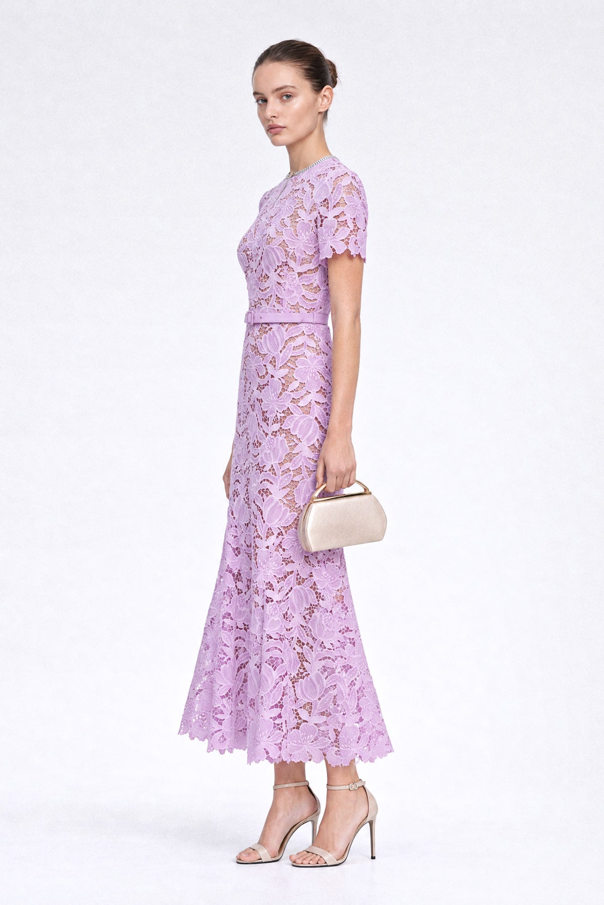 Rochie midi din dantelă Guipure florală - Lilac