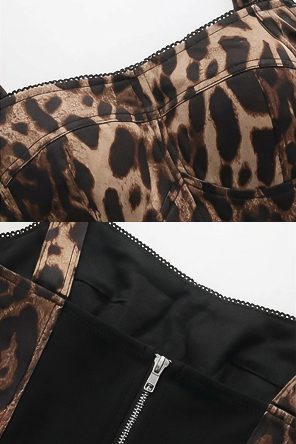 Set format din top crop cu imprimeu leopard și pantaloni scurți croiți, cu bretele late – Maro