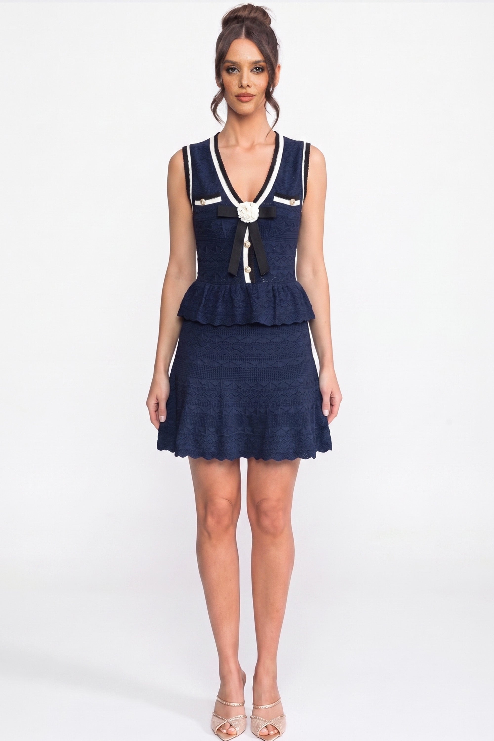 Peplum Knit Mini Dress With Contrast Trim And Bow - Navy
