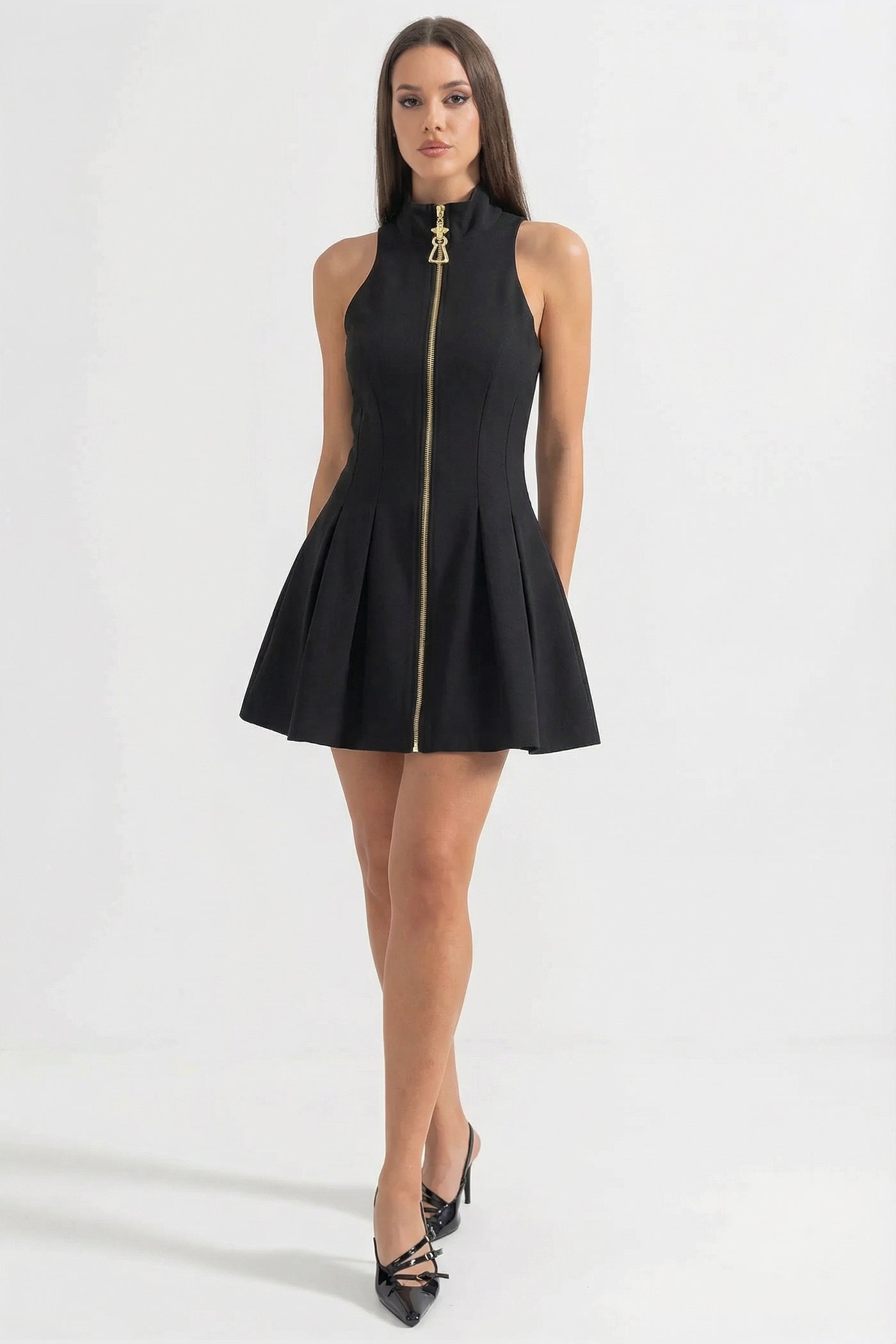 Rochie Mini Fără Mâneci cu Fermuar Aurit în Față - Negru