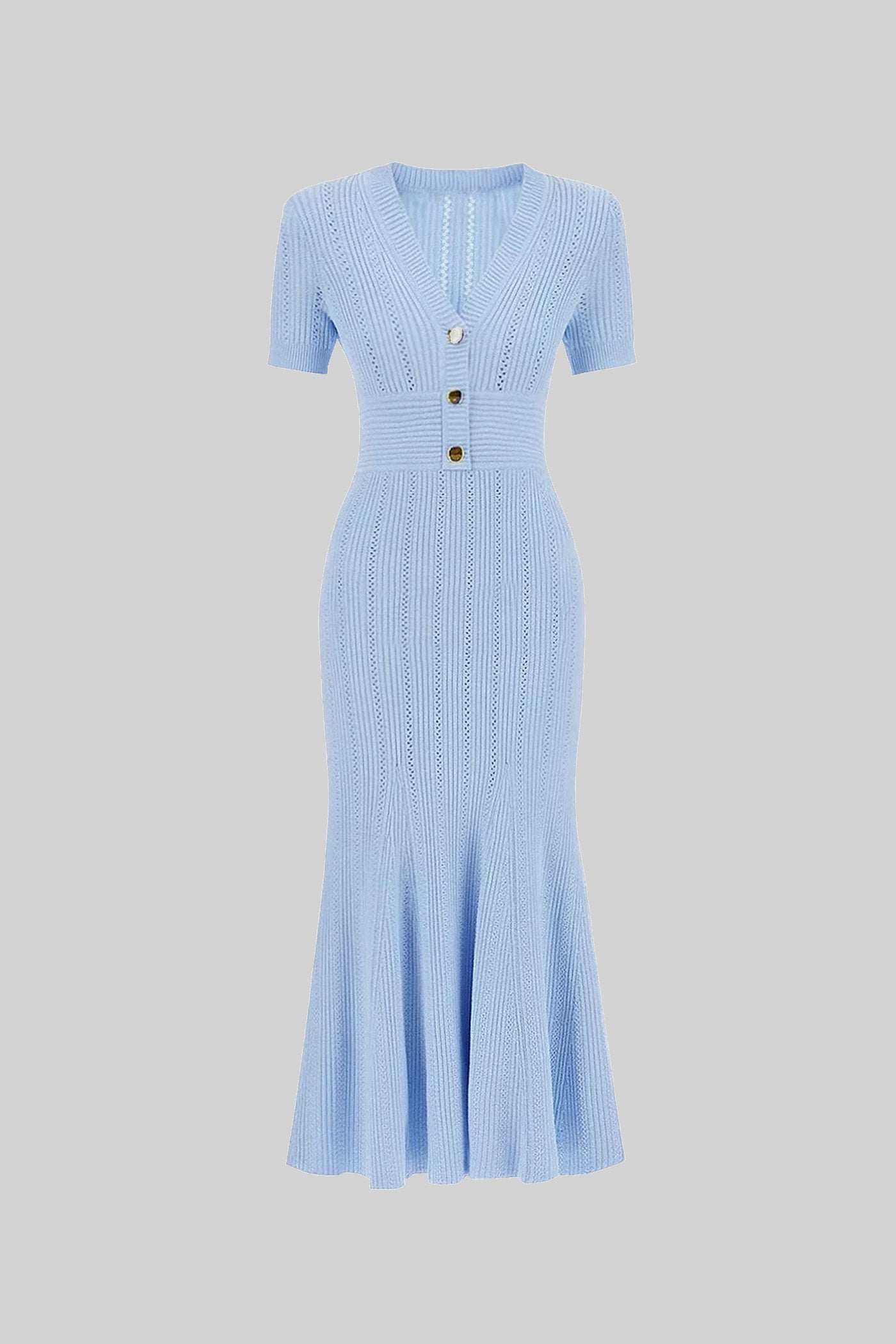 Rochie midi cu mâneci scurte și refiletată, decolteu în V cu nasturi aurii - Albastru