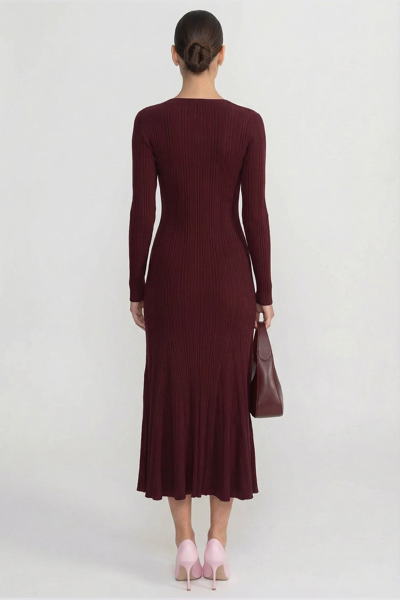 Ribbed Long Sleeve Midi Dress With Lace-Trim V-Neckline - Burgundy