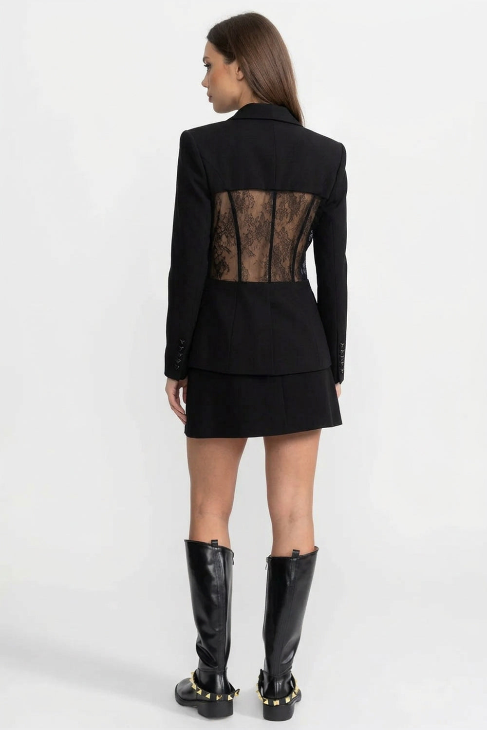Blazer cu mâneci lungi, croială perfectă, cu panouri din dantelă transparentă în talie - Negru