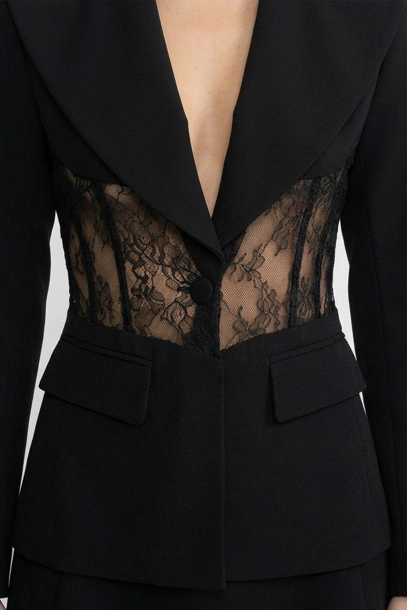 Blazer cu mâneci lungi, croială perfectă, cu panouri din dantelă transparentă în talie - Negru