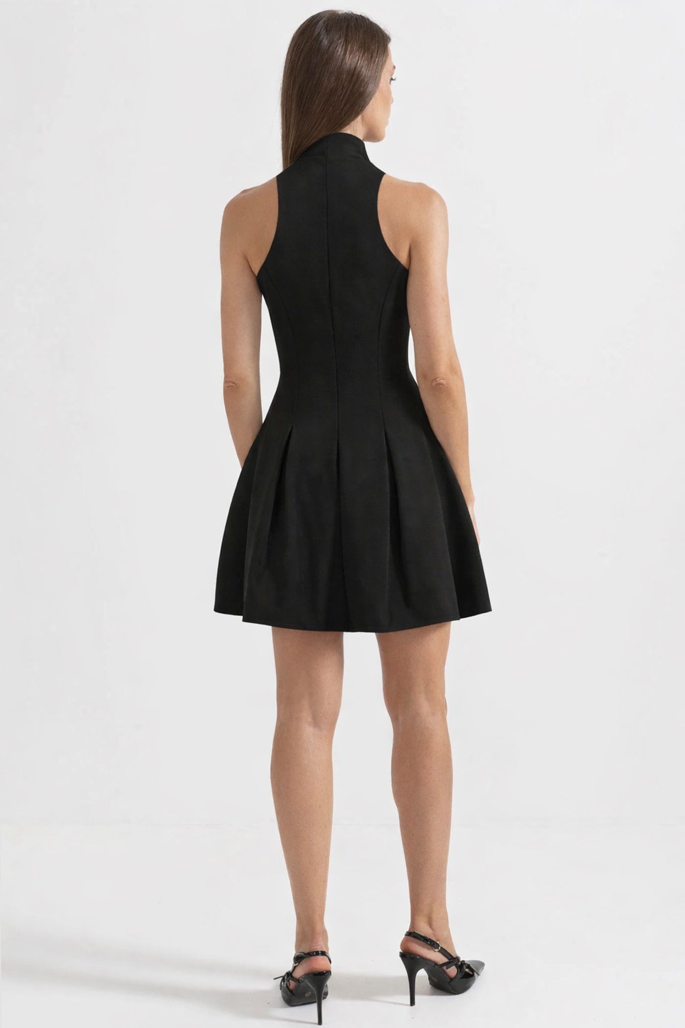 Rochie Mini Fără Mâneci cu Fermuar Aurit în Față - Negru