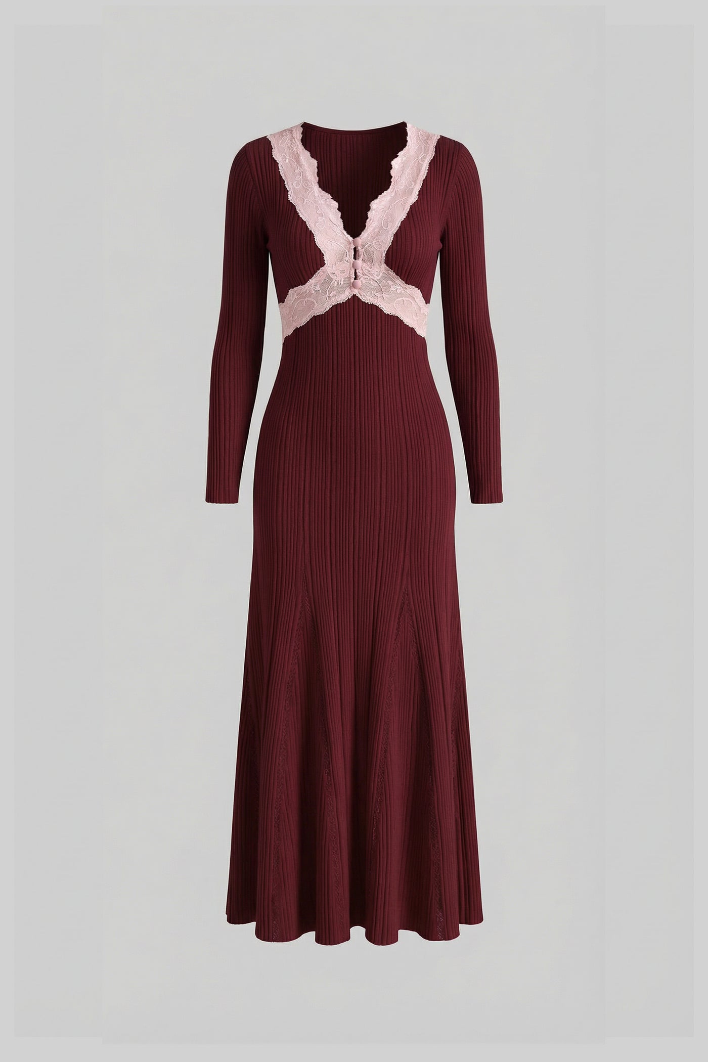 Rochie midi cu mâneci lungi și dungi, decolteu în V cu dantelă - Burgundy