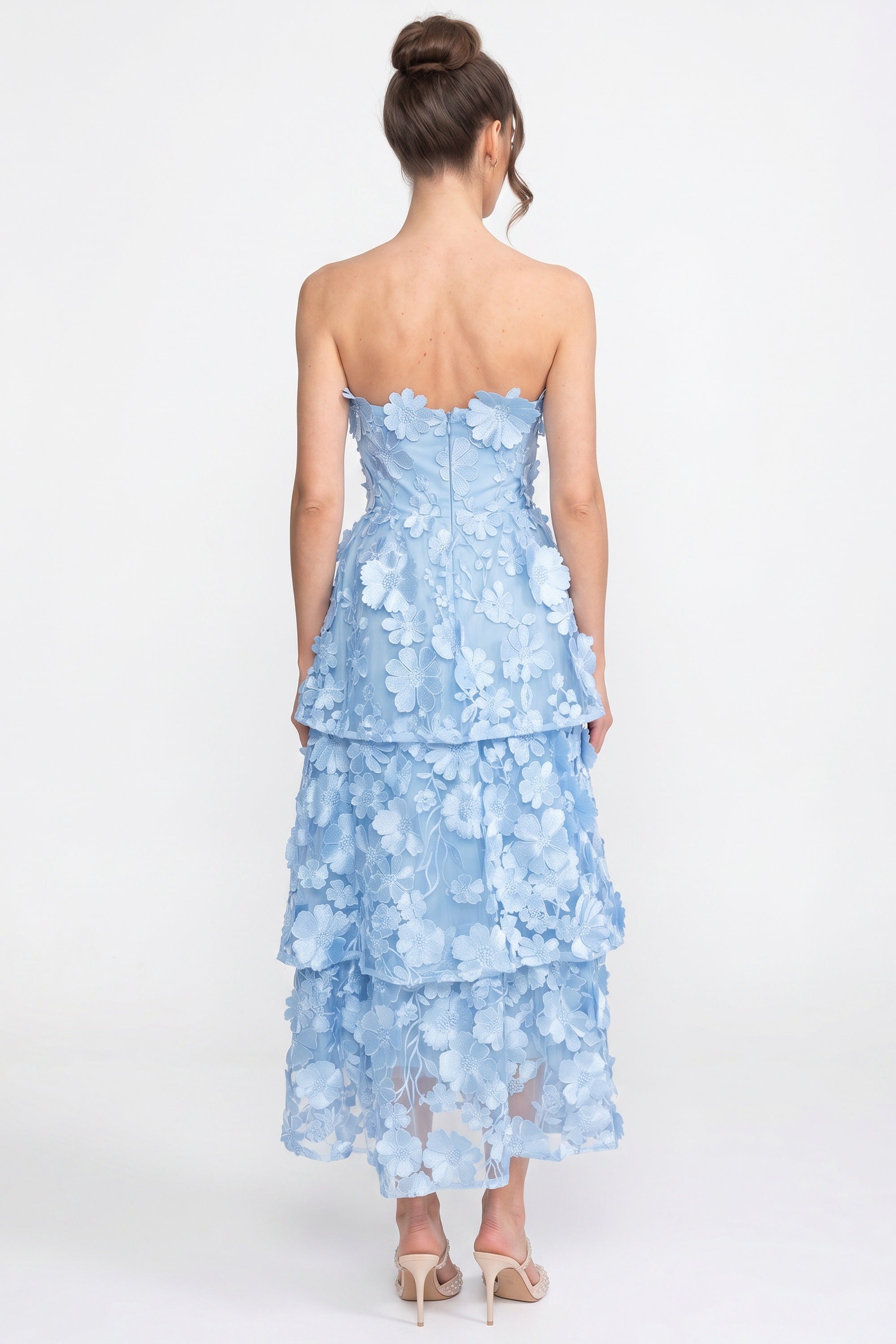 Rochie transparentă stratificată cu talie ajustată și aplicații florale - Light Blue