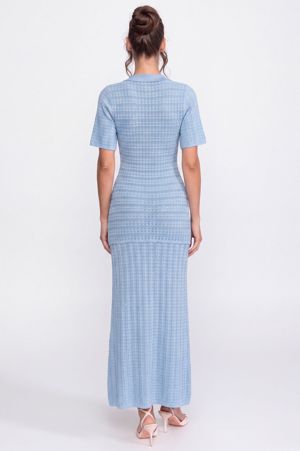 Rochie midi cu mânecă scurtă și textură tricotată strălucitoare - Light Blue