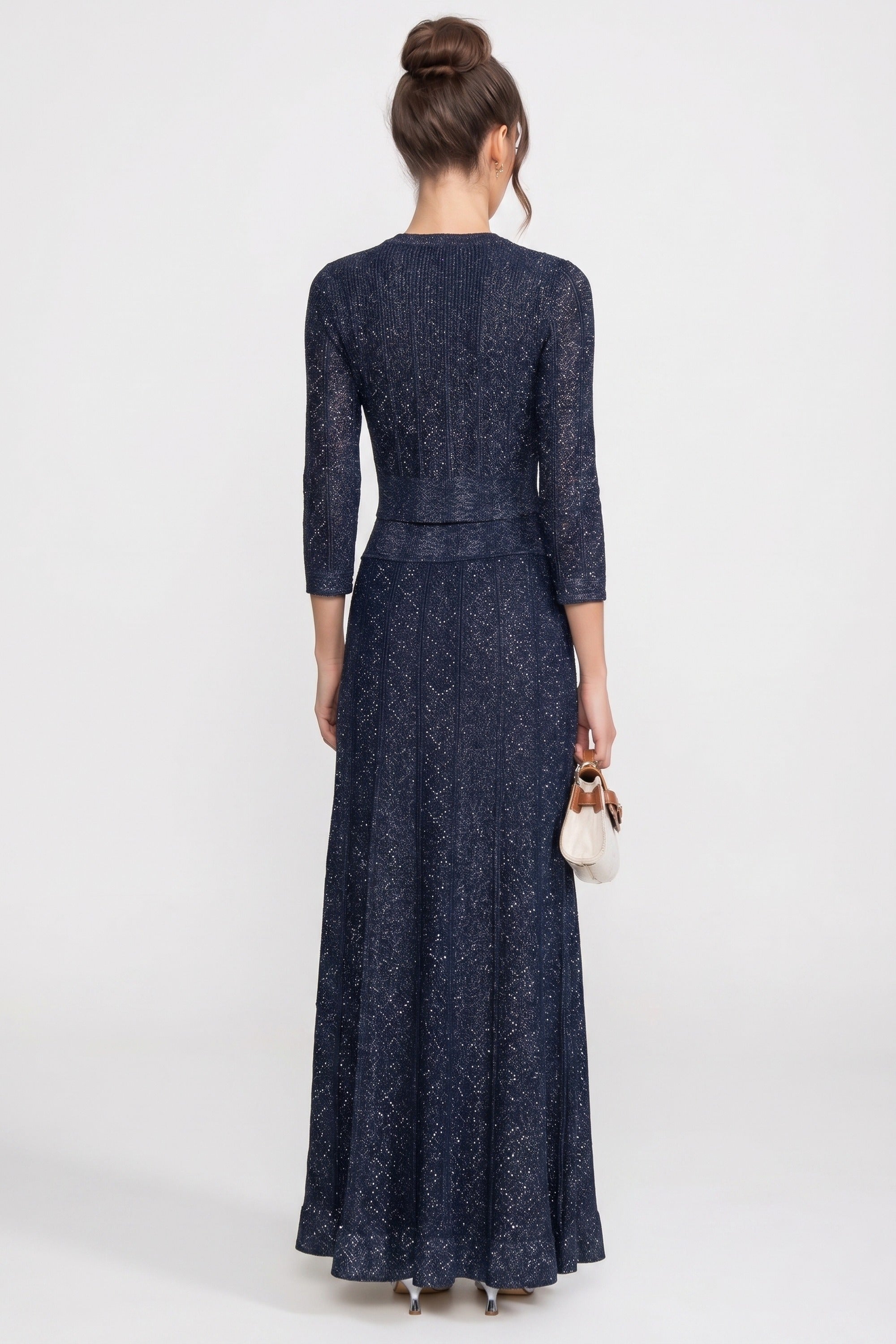 Set Co-Ord din dantelă cu model diamant și mânecă lungă, cu fustă maxi - Navy